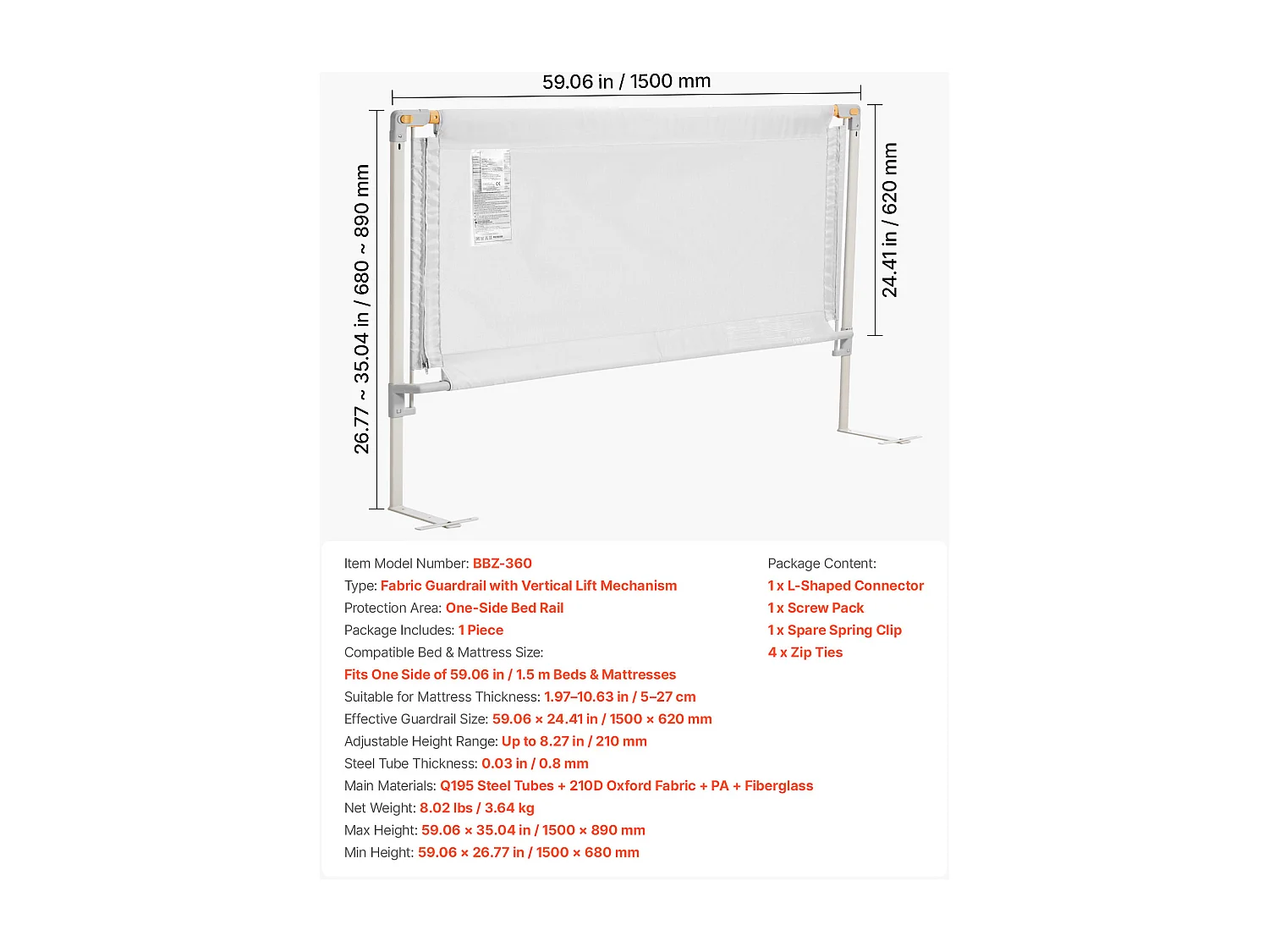 Barrière de Sécurité SucceBuy de Lit pour Enfants, Longueur 1,5 m, Barrière de Lit pour Tout-petits, avec Tube en Fer Renforcé, Hauteur Réglable 68-89 cm