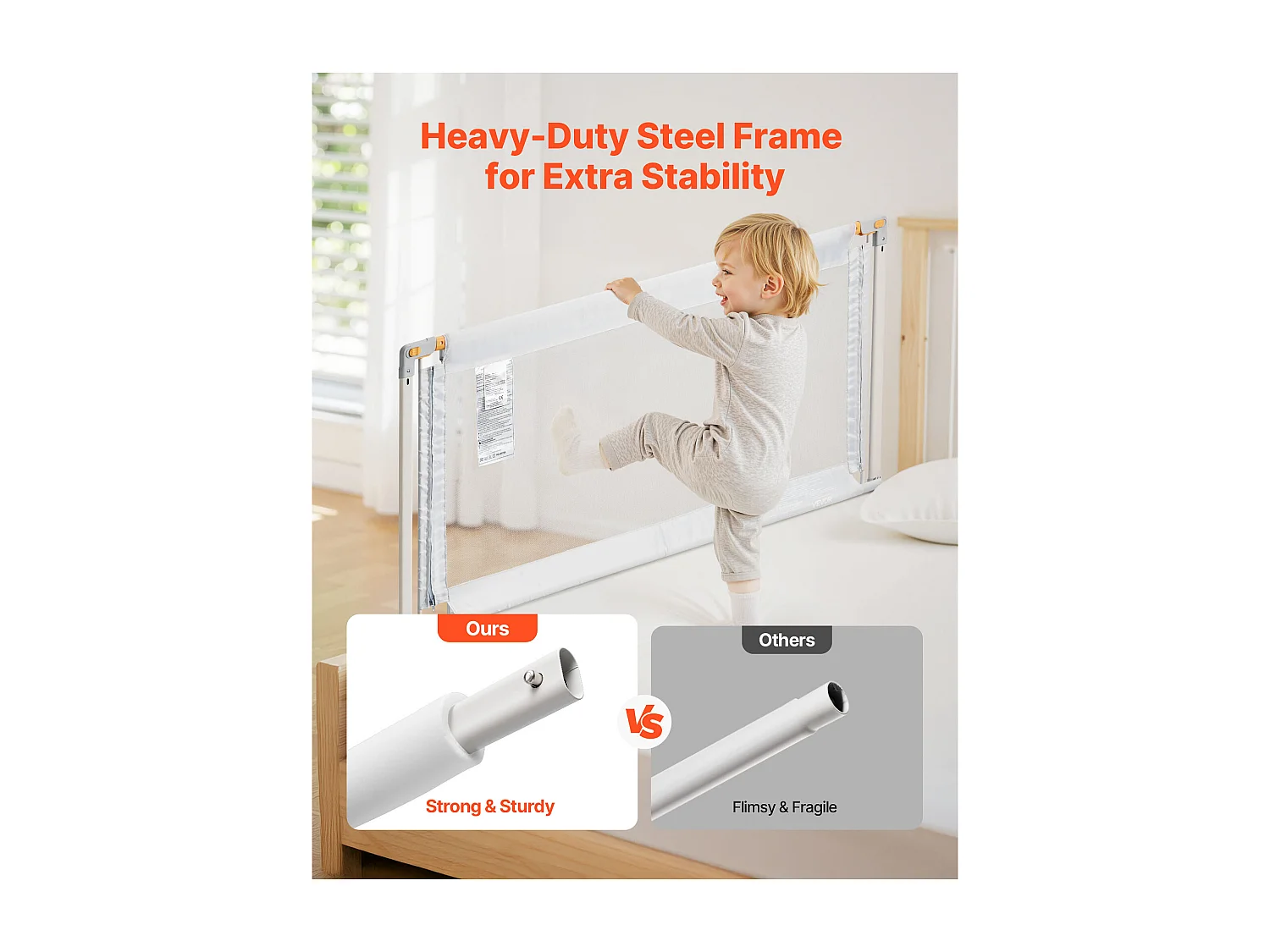 Barrière de Sécurité SucceBuy de Lit pour Enfants, Longueur 1,5 m, Barrière de Lit pour Tout-petits, avec Tube en Fer Renforcé, Hauteur Réglable 68-89 cm