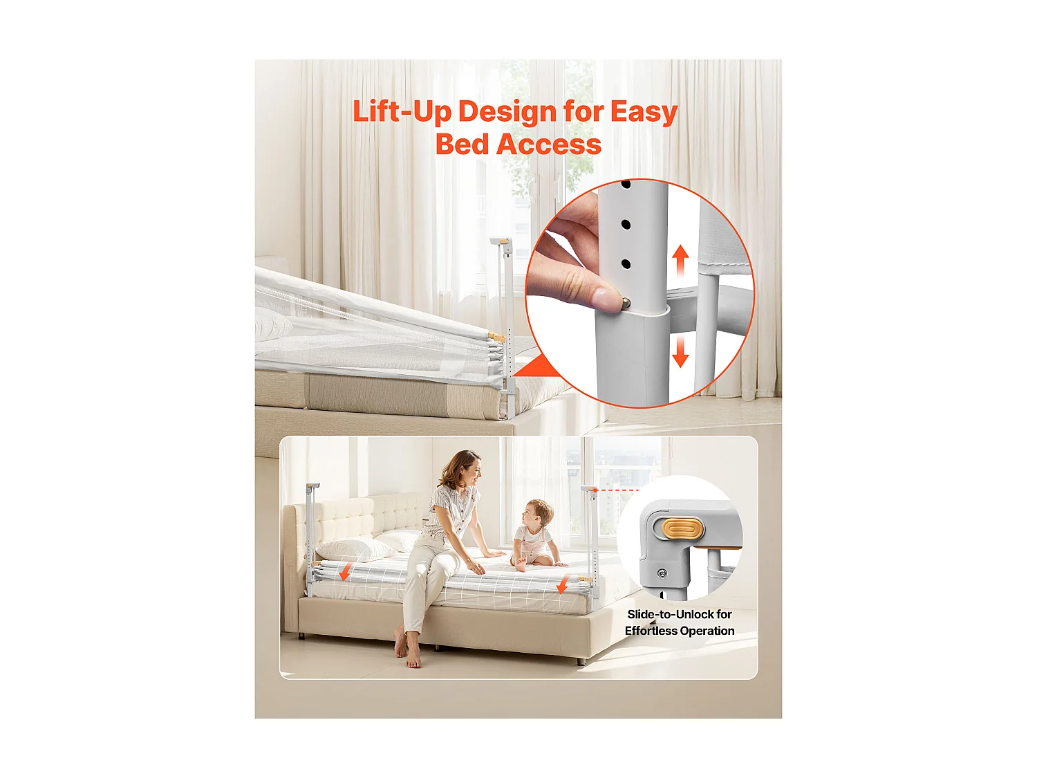 Kindergitter SucceBuy für Kinderbett, Länge 2 m, Bettgitter für Kleinkinder, mit Verstärktem Eisenrohr, Verstellbare Höhe 68-89 cm