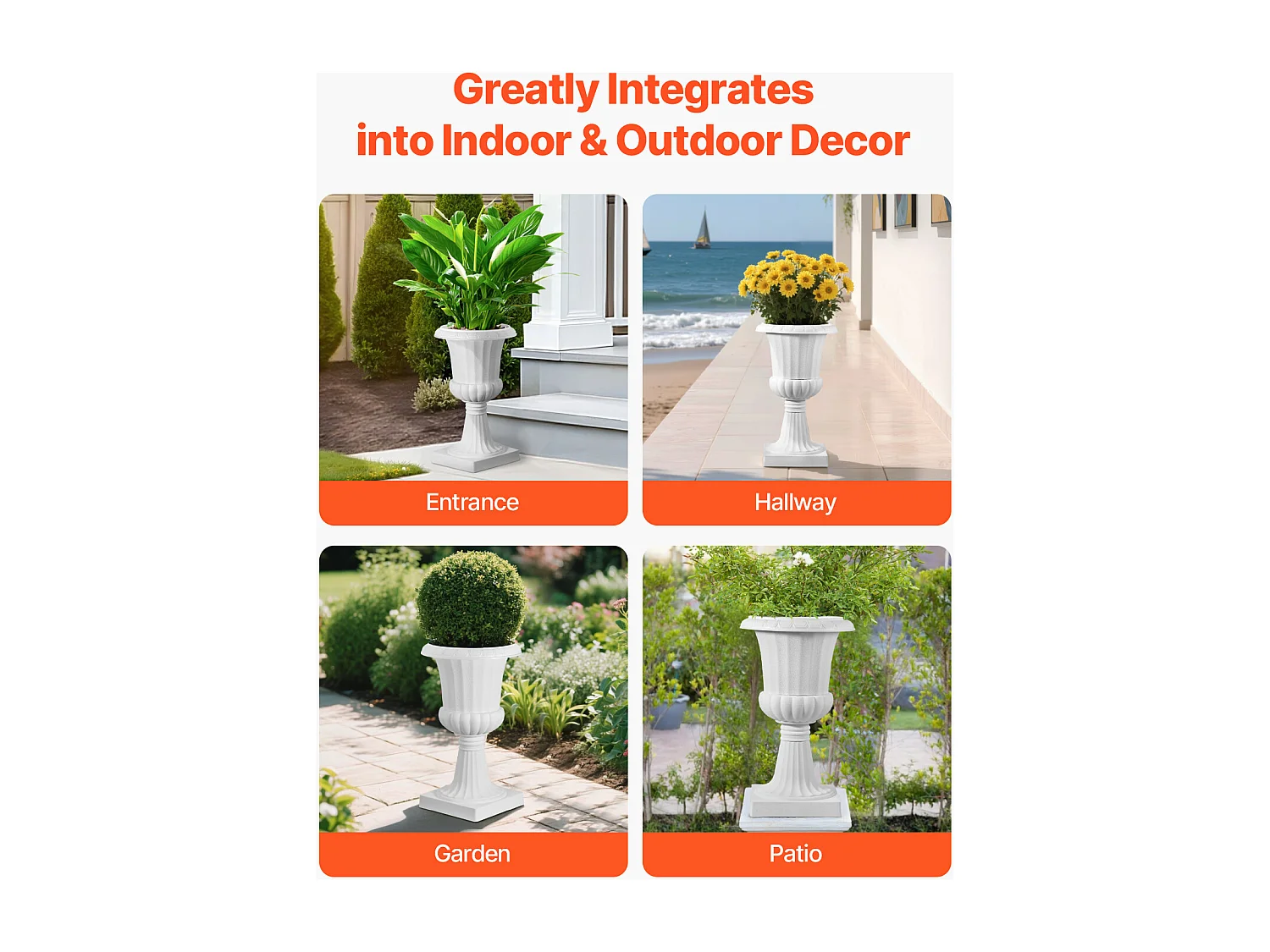 Plantenbak Plastic Urn SucceBuy, 25 x 42 cm, Klassieke Bloempot, Set van 2, voor Binnen, Buiten, Trouw, Feesten, Evenement, Podium, Ingangen, Wit