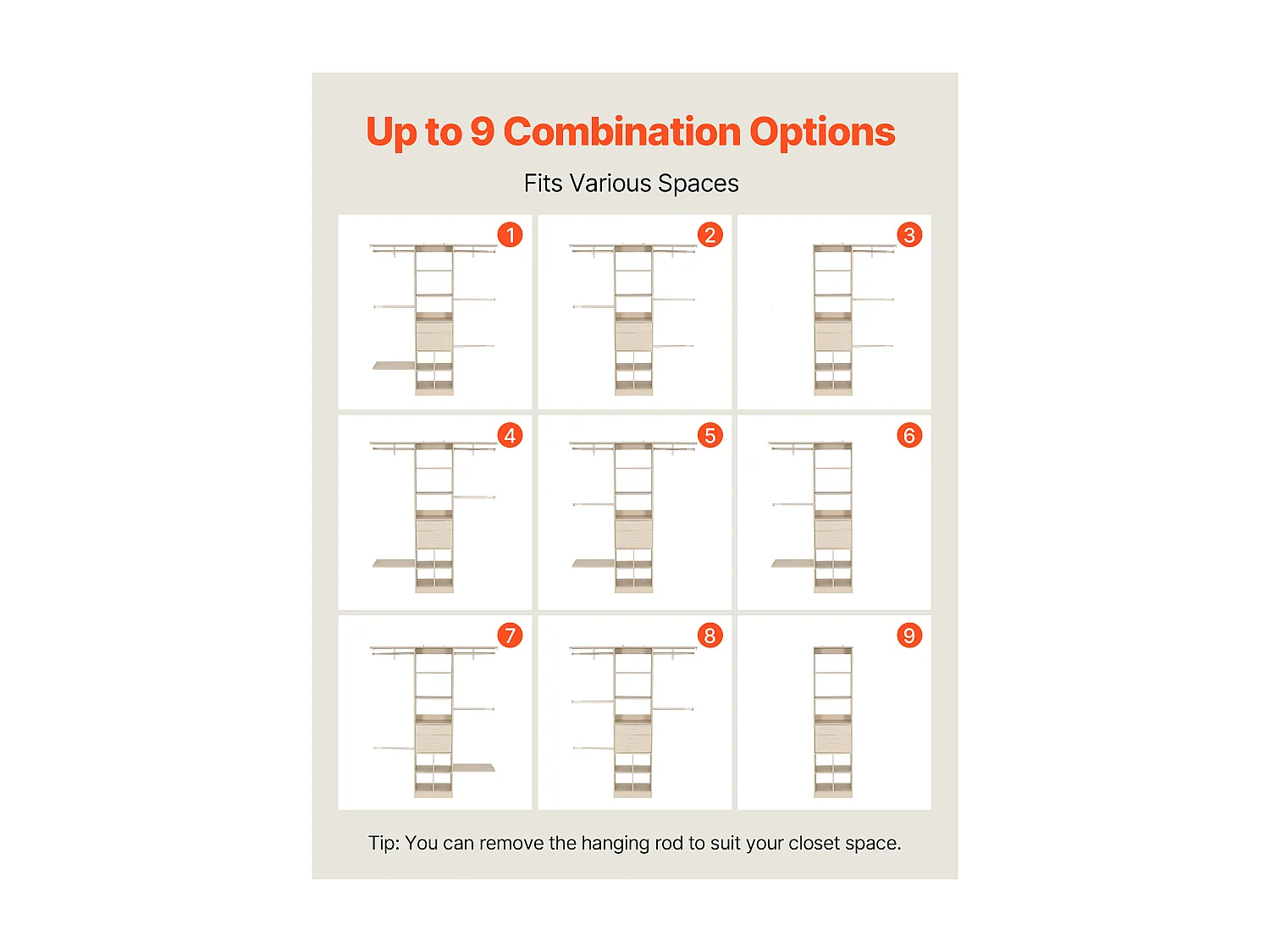 System Szafy SucceBuy z 2 Szufladami, Drewniany Organizer z Regulowaną Wysokością, Wieszak na Ubrania Wyposażony w 5 Wysuwanych Drążków, Wykończenie Szare Dęb