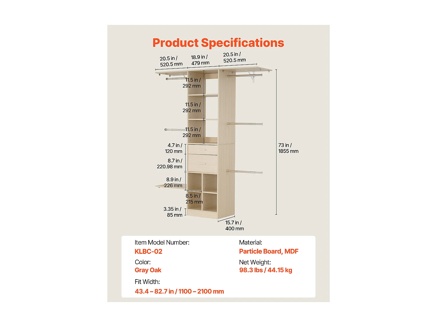 System Szafy SucceBuy z 2 Szufladami, Drewniany Organizer z Regulowaną Wysokością, Wieszak na Ubrania Wyposażony w 5 Wysuwanych Drążków, Wykończenie Szare Dęb