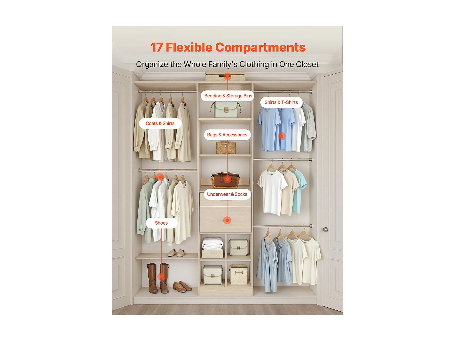 System Szafy SucceBuy z 2 Szufladami, Drewniany Organizer z Regulowaną Wysokością, Wieszak na Ubrania Wyposażony w 5 Wysuwanych Drążków, Wykończenie Szare Dęb