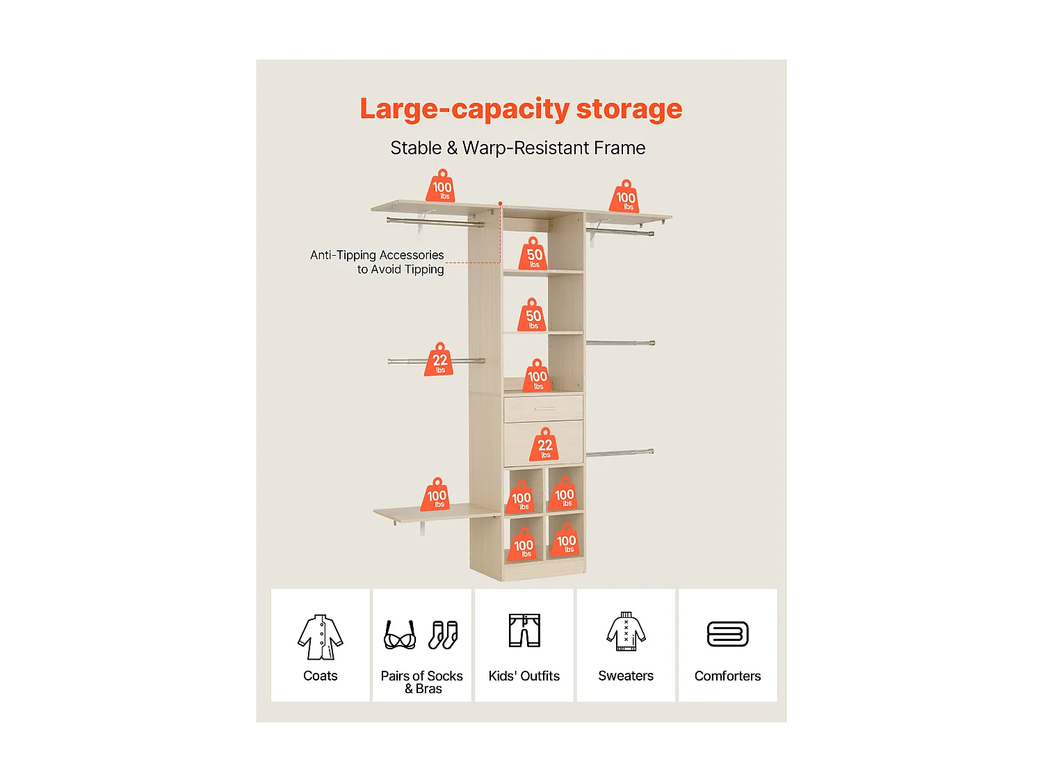 System Szafy SucceBuy z 2 Szufladami, Drewniany Organizer z Regulowaną Wysokością, Wieszak na Ubrania Wyposażony w 5 Wysuwanych Drążków, Wykończenie Szare Dęb