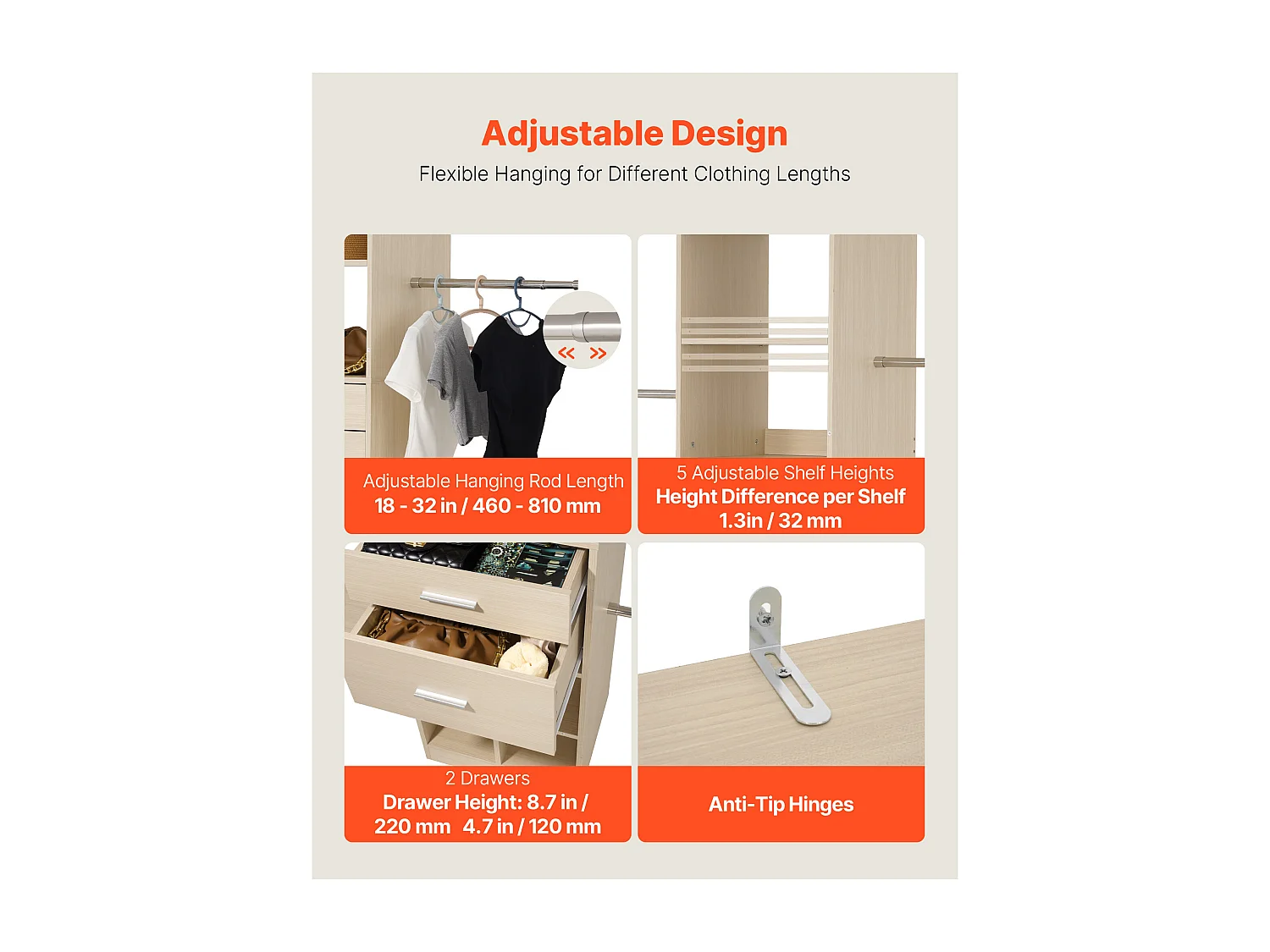 System Szafy SucceBuy z 2 Szufladami, Drewniany Organizer z Regulowaną Wysokością, Wieszak na Ubrania Wyposażony w 5 Wysuwanych Drążków, Wykończenie Szare Dęb