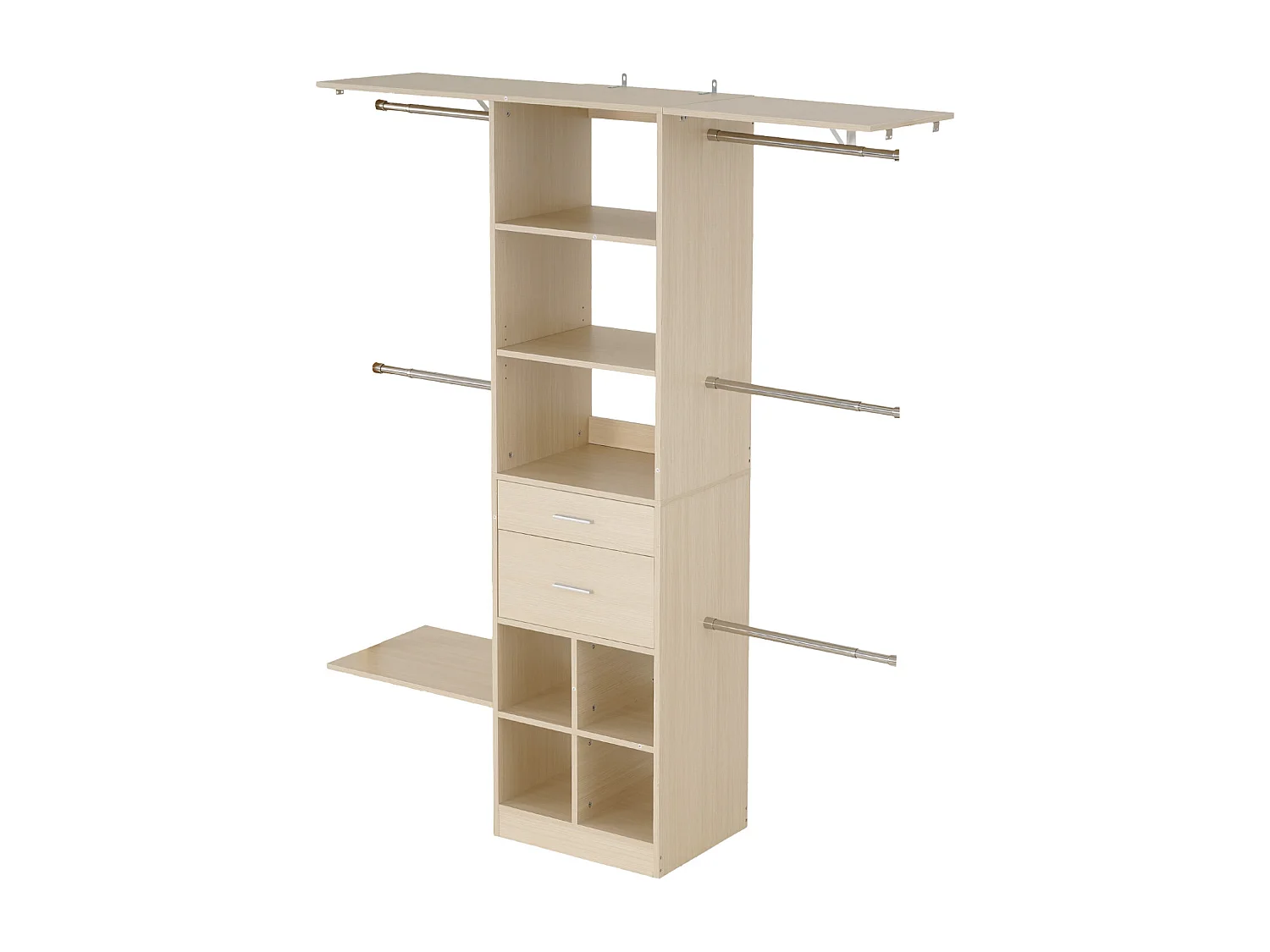 System Szafy SucceBuy z 2 Szufladami, Drewniany Organizer z Regulowaną Wysokością, Wieszak na Ubrania Wyposażony w 5 Wysuwanych Drążków, Wykończenie Szare Dęb