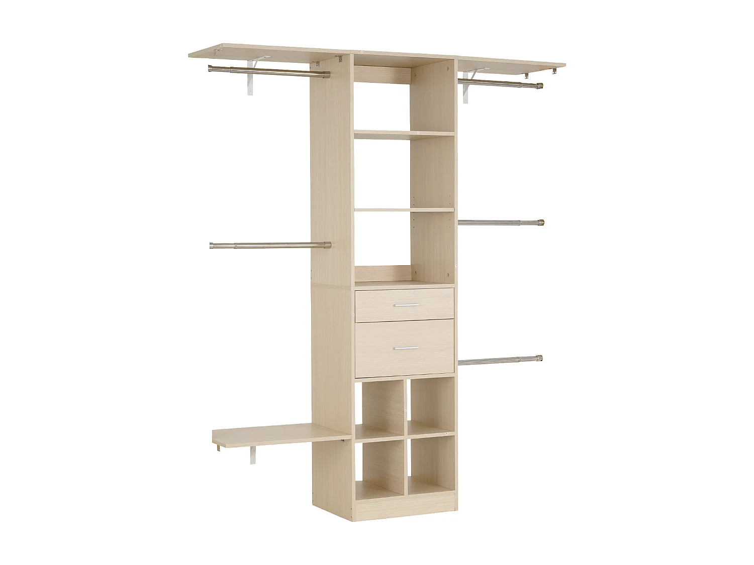 System Szafy SucceBuy z 2 Szufladami, Drewniany Organizer z Regulowaną Wysokością, Wieszak na Ubrania Wyposażony w 5 Wysuwanych Drążków, Wykończenie Szare Dęb