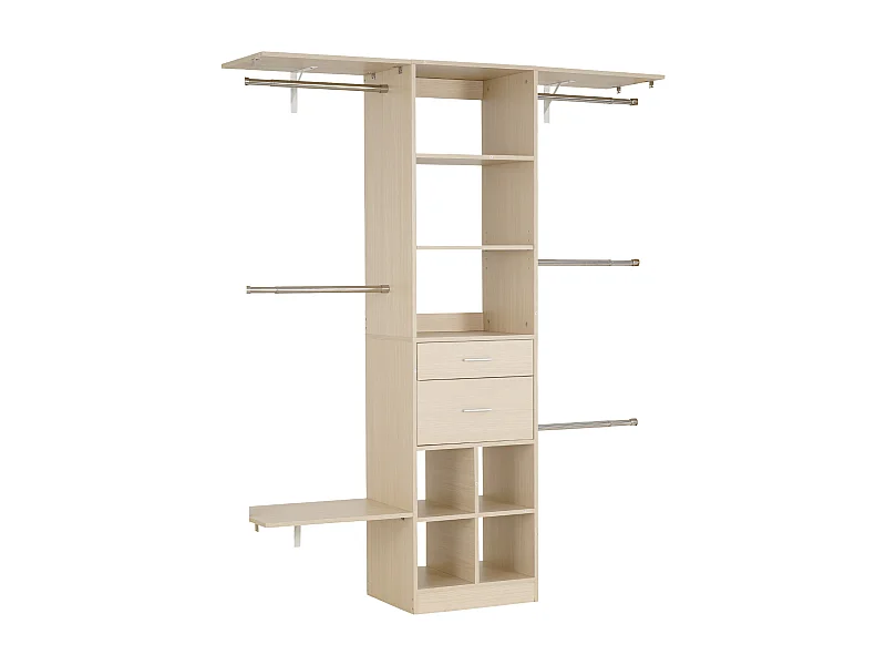 System Szafy SucceBuy z 2 Szufladami, Drewniany Organizer z Regulowaną Wysokością, Wieszak na Ubrania Wyposażony w 5 Wysuwanych Drążków, Wykończenie Szare Dęb