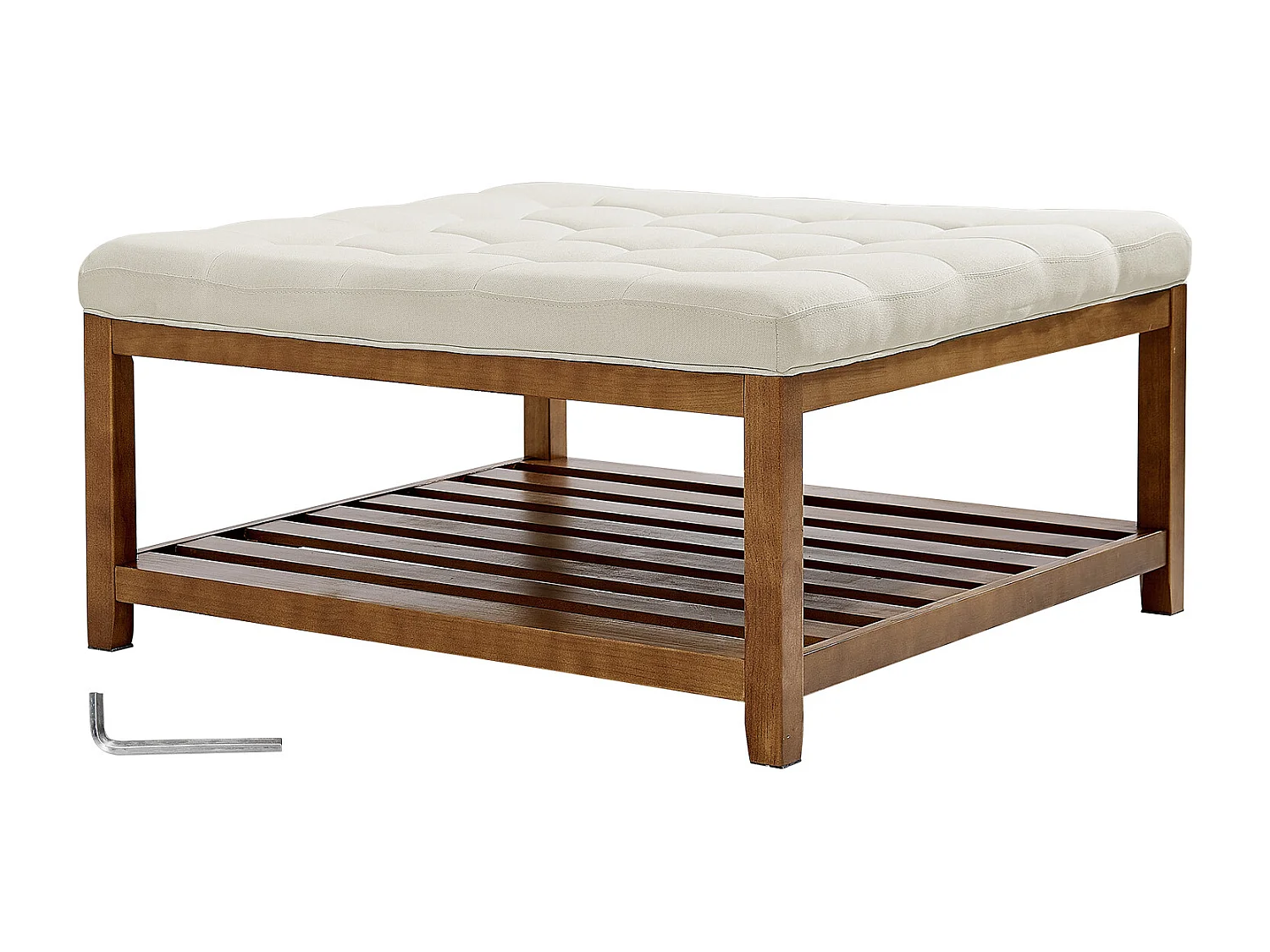 Grande Table Basse Carrée Capitonnée SucceBuy en Lin, 87.5 cm, Repose-pieds Rembourré avec Étagère de Rangement en Bois Massif, Capacité de Poids 181,44 kg