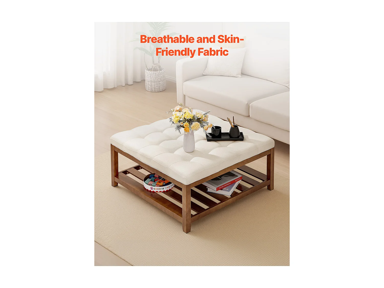 Grande Table Basse Carrée Capitonnée SucceBuy en Lin, 87.5 cm, Repose-pieds Rembourré avec Étagère de Rangement en Bois Massif, Capacité de Poids 181,44 kg