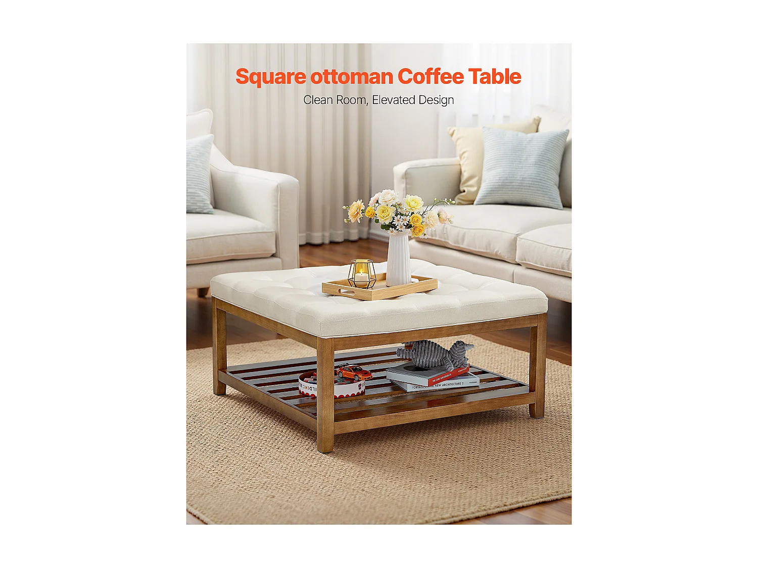 Grande Table Basse Carrée Capitonnée SucceBuy en Lin, 87.5 cm, Repose-pieds Rembourré avec Étagère de Rangement en Bois Massif, Capacité de Poids 181,44 kg