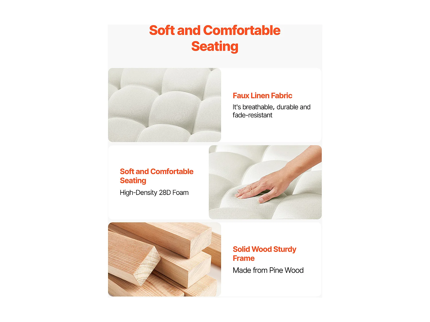 Grande Table Basse Carrée Capitonnée SucceBuy en Lin, 87.5 cm, Repose-pieds Rembourré avec Étagère de Rangement en Bois Massif, Capacité de Poids 181,44 kg