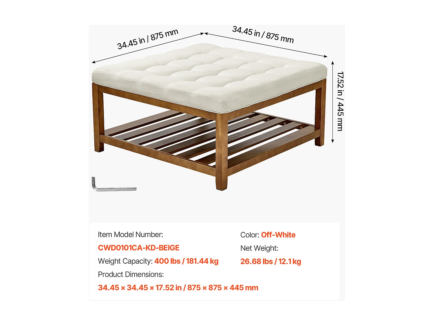 Grande Table Basse Carrée Capitonnée SucceBuy en Lin, 87.5 cm, Repose-pieds Rembourré avec Étagère de Rangement en Bois Massif, Capacité de Poids 181,44 kg