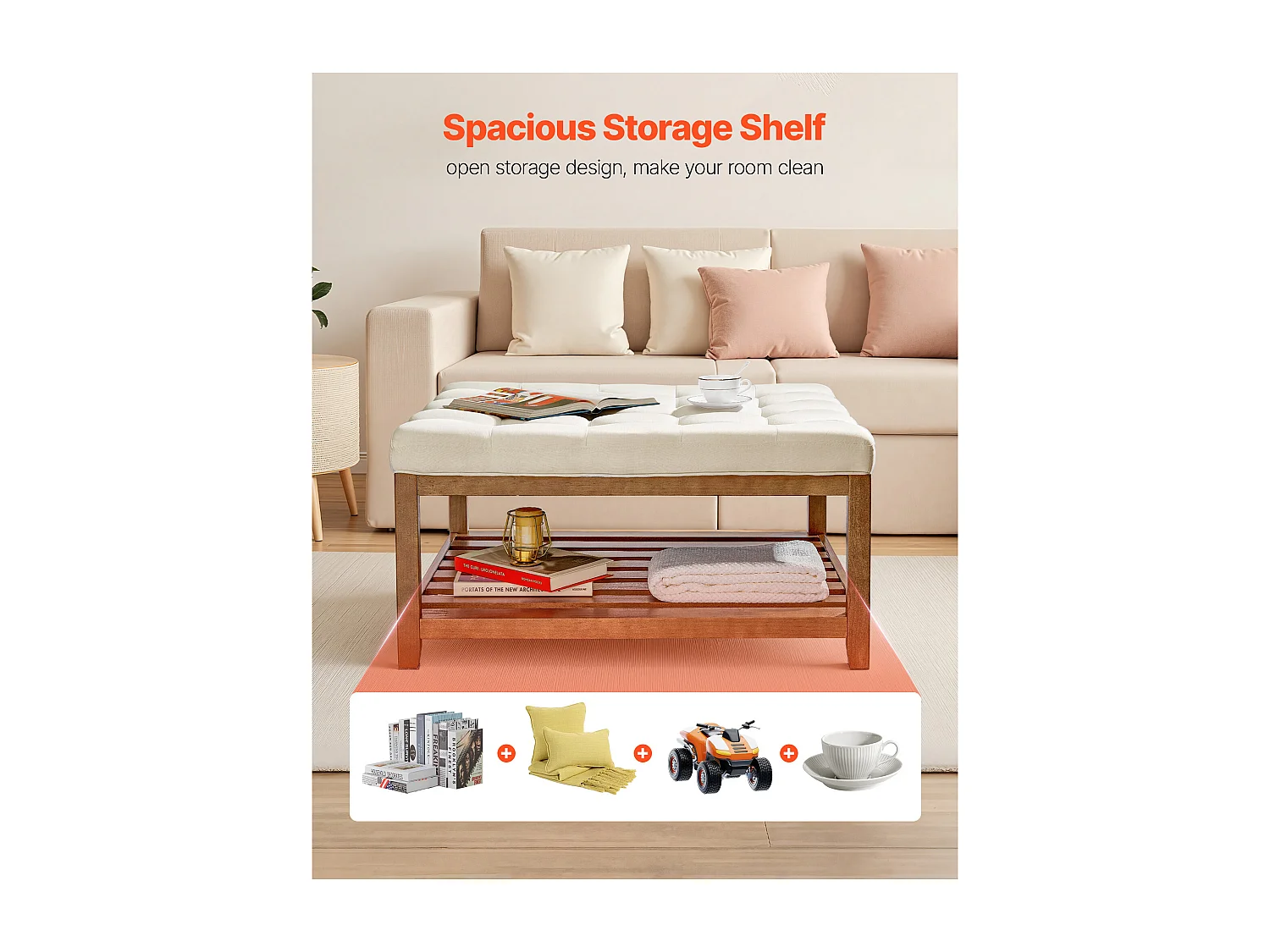 Grande Table Basse Carrée Capitonnée SucceBuy en Lin, 87.5 cm, Repose-pieds Rembourré avec Étagère de Rangement en Bois Massif, Capacité de Poids 181,44 kg