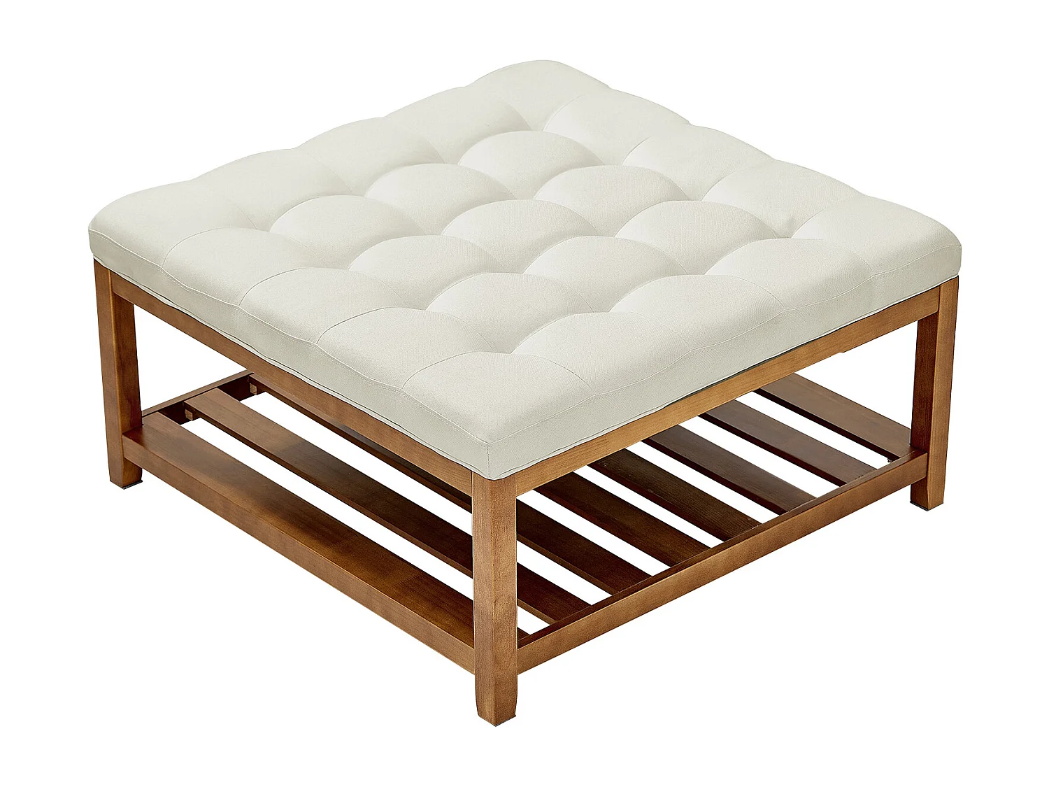 Grande Table Basse Carrée Capitonnée SucceBuy en Lin, 87.5 cm, Repose-pieds Rembourré avec Étagère de Rangement en Bois Massif, Capacité de Poids 181,44 kg