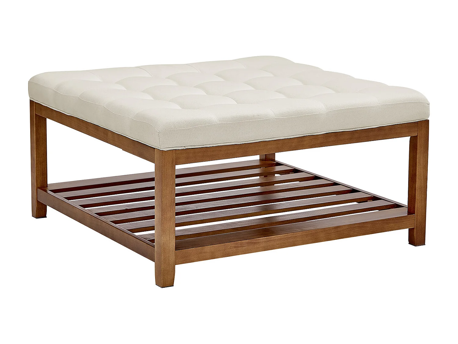 Grande Table Basse Carrée Capitonnée SucceBuy en Lin, 87.5 cm, Repose-pieds Rembourré avec Étagère de Rangement en Bois Massif, Capacité de Poids 181,44 kg