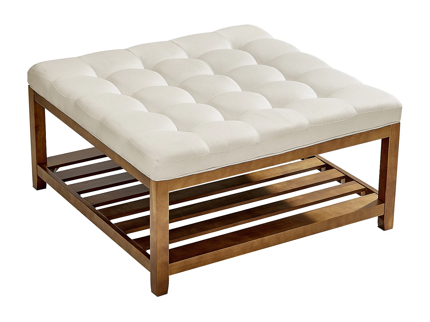 Grande Table Basse Carrée Capitonnée SucceBuy en Lin, 87.5 cm, Repose-pieds Rembourré avec Étagère de Rangement en Bois Massif, Capacité de Poids 181,44 kg