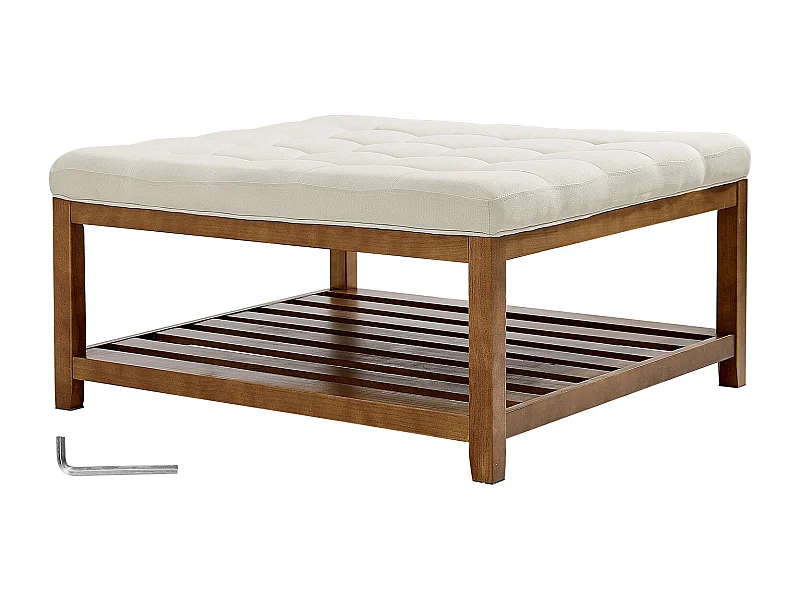 Grande Table Basse Carrée Capitonnée SucceBuy en Lin, 87.5 cm, Repose-pieds Rembourré avec Étagère de Rangement en Bois Massif, Capacité de Poids 181,44 kg