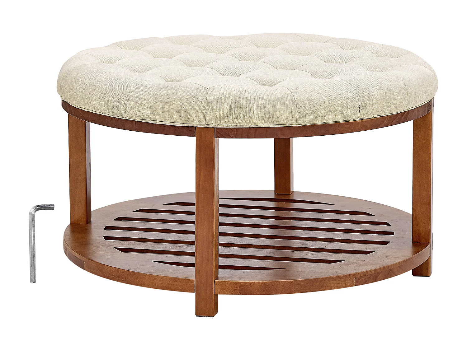 Grande Table Basse Ronde Capitonnée SucceBuy en Lin, 81 cm, Repose-pieds Rembourré avec Étagère de Rangement en Bois Massif, Capacité de Poids 158,76 kg