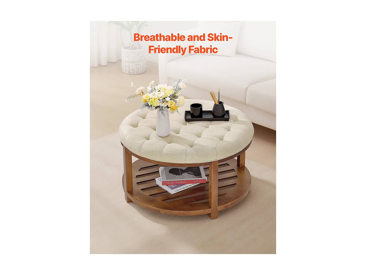 Grande Table Basse Ronde Capitonnée SucceBuy en Lin, 81 cm, Repose-pieds Rembourré avec Étagère de Rangement en Bois Massif, Capacité de Poids 158,76 kg