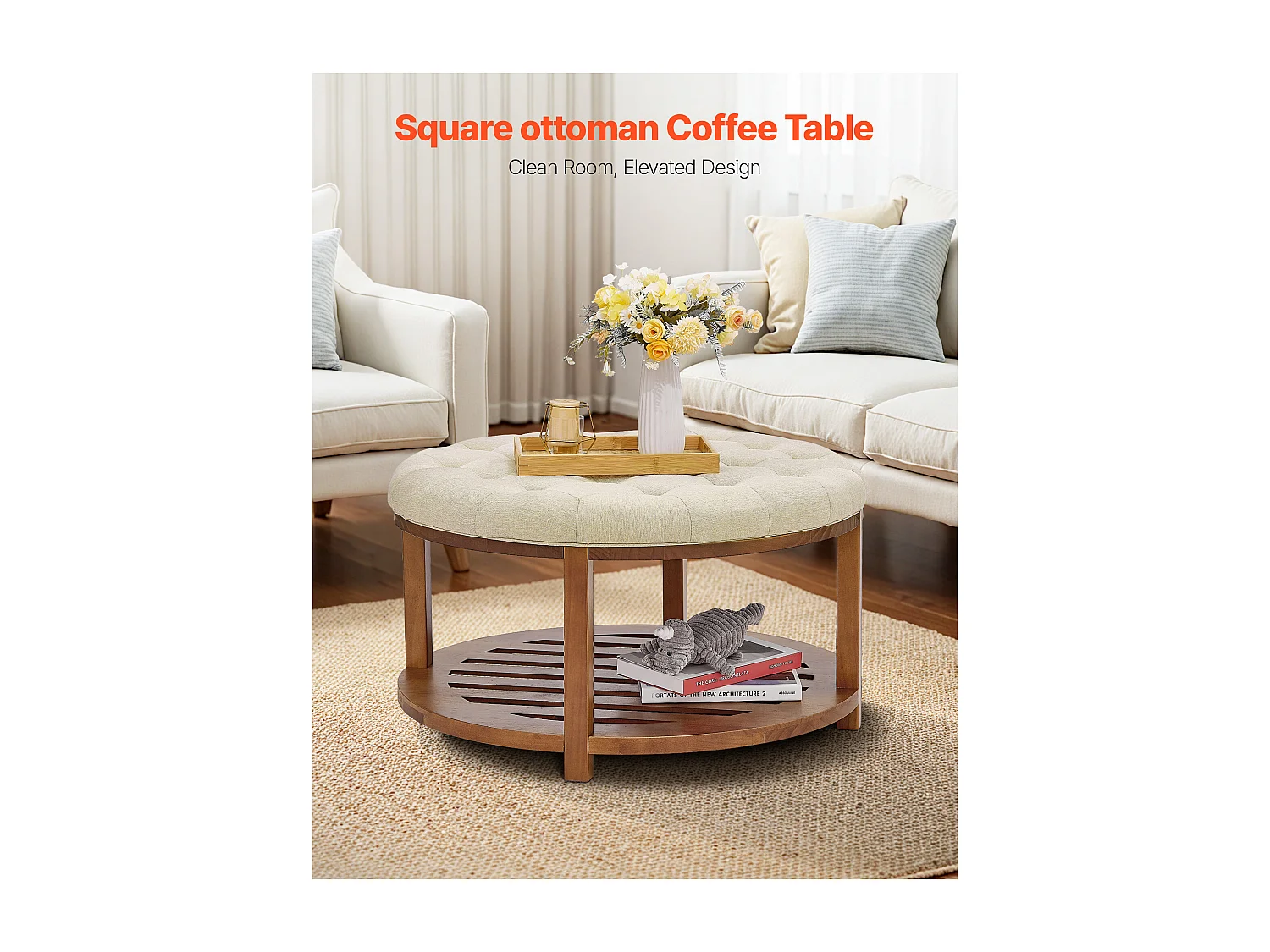 Grande Table Basse Ronde Capitonnée SucceBuy en Lin, 81 cm, Repose-pieds Rembourré avec Étagère de Rangement en Bois Massif, Capacité de Poids 158,76 kg
