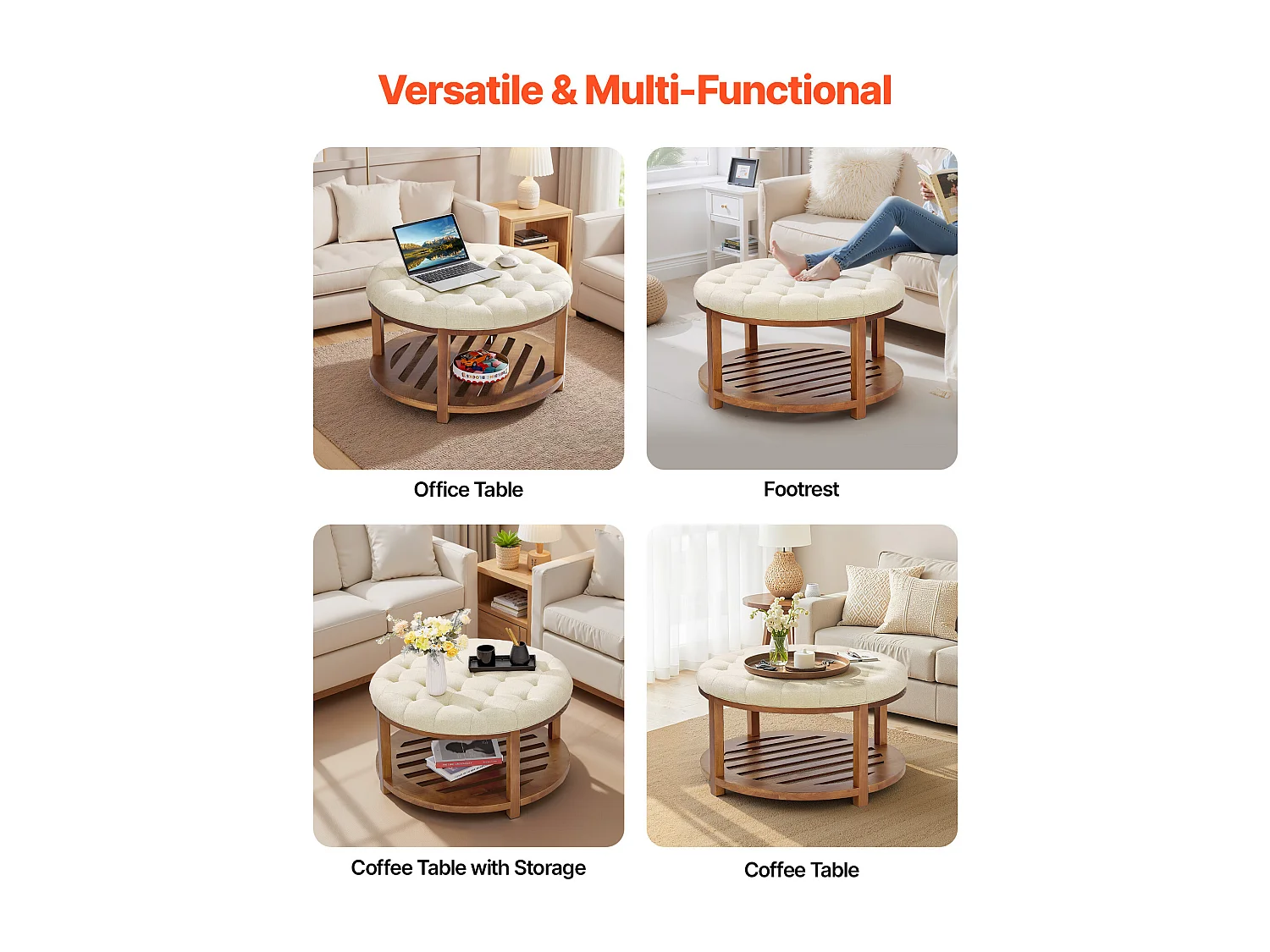 Grande Table Basse Ronde Capitonnée SucceBuy en Lin, 81 cm, Repose-pieds Rembourré avec Étagère de Rangement en Bois Massif, Capacité de Poids 158,76 kg