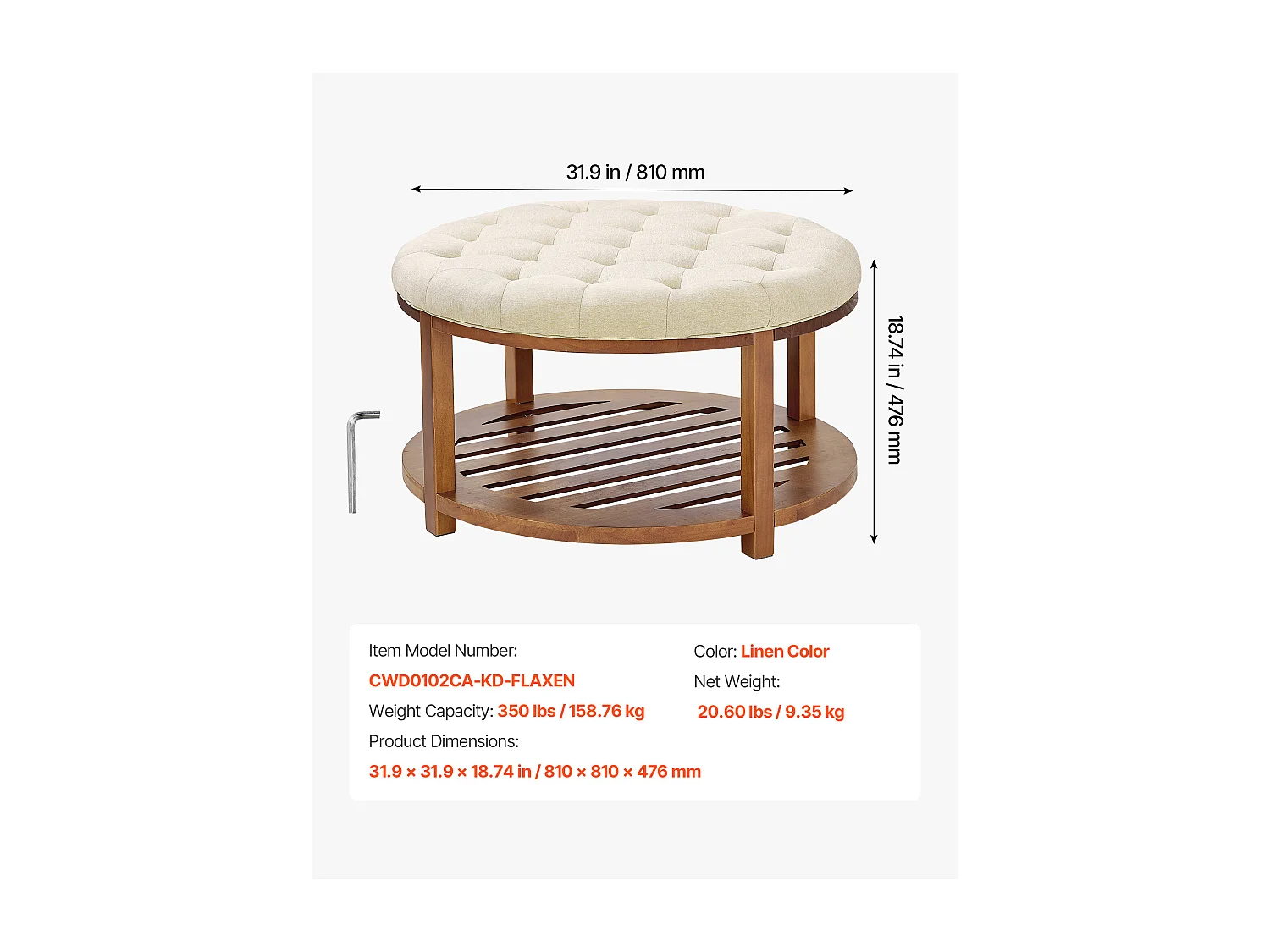 Grande Table Basse Ronde Capitonnée SucceBuy en Lin, 81 cm, Repose-pieds Rembourré avec Étagère de Rangement en Bois Massif, Capacité de Poids 158,76 kg