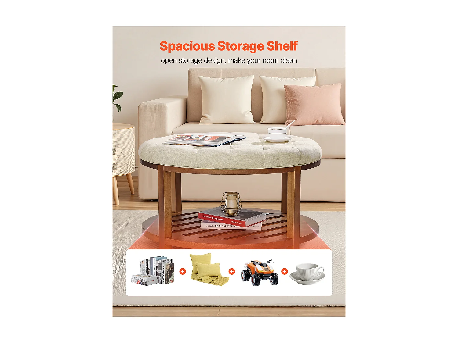 Grande Table Basse Ronde Capitonnée SucceBuy en Lin, 81 cm, Repose-pieds Rembourré avec Étagère de Rangement en Bois Massif, Capacité de Poids 158,76 kg