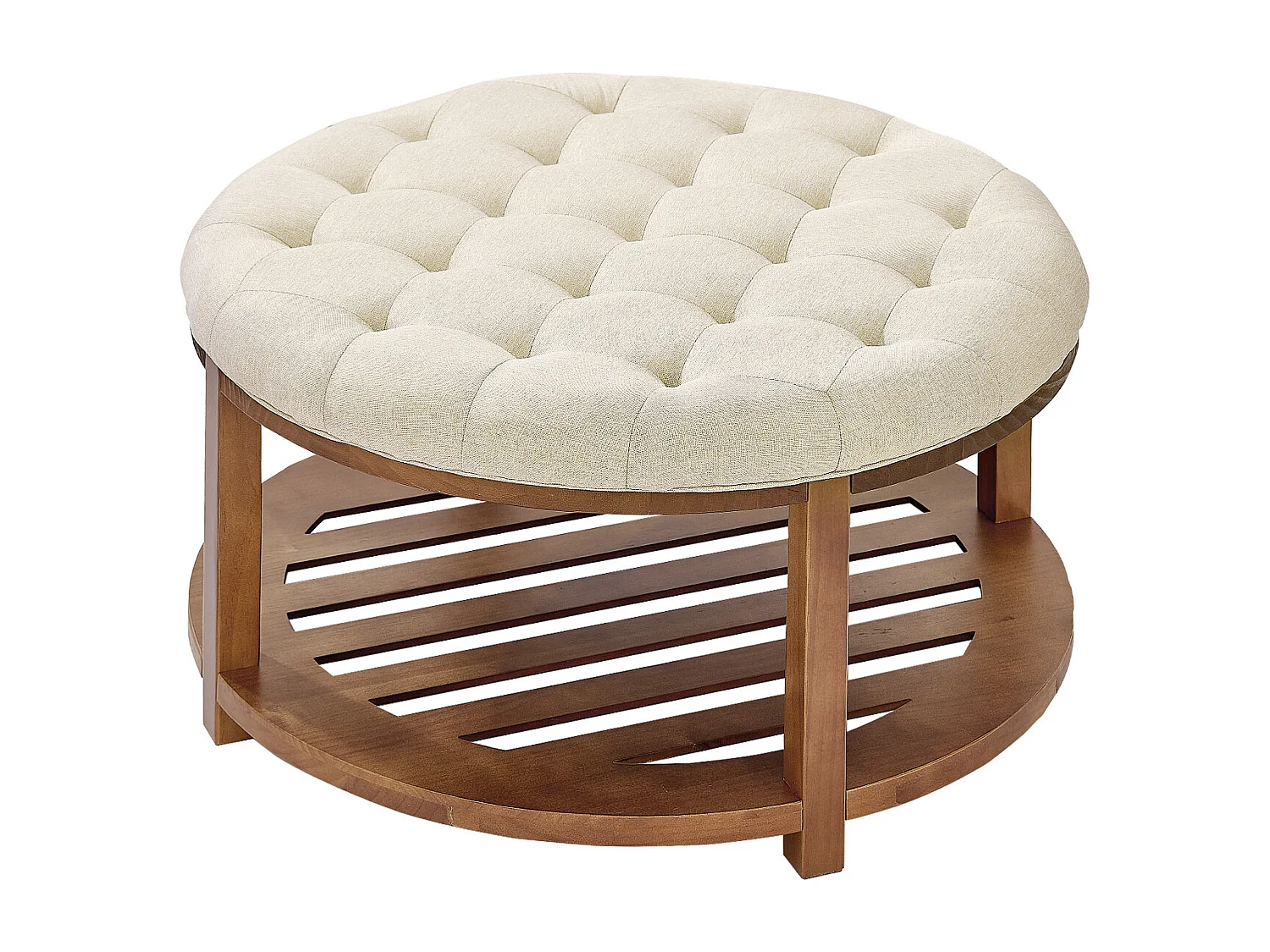 Grande Table Basse Ronde Capitonnée SucceBuy en Lin, 81 cm, Repose-pieds Rembourré avec Étagère de Rangement en Bois Massif, Capacité de Poids 158,76 kg