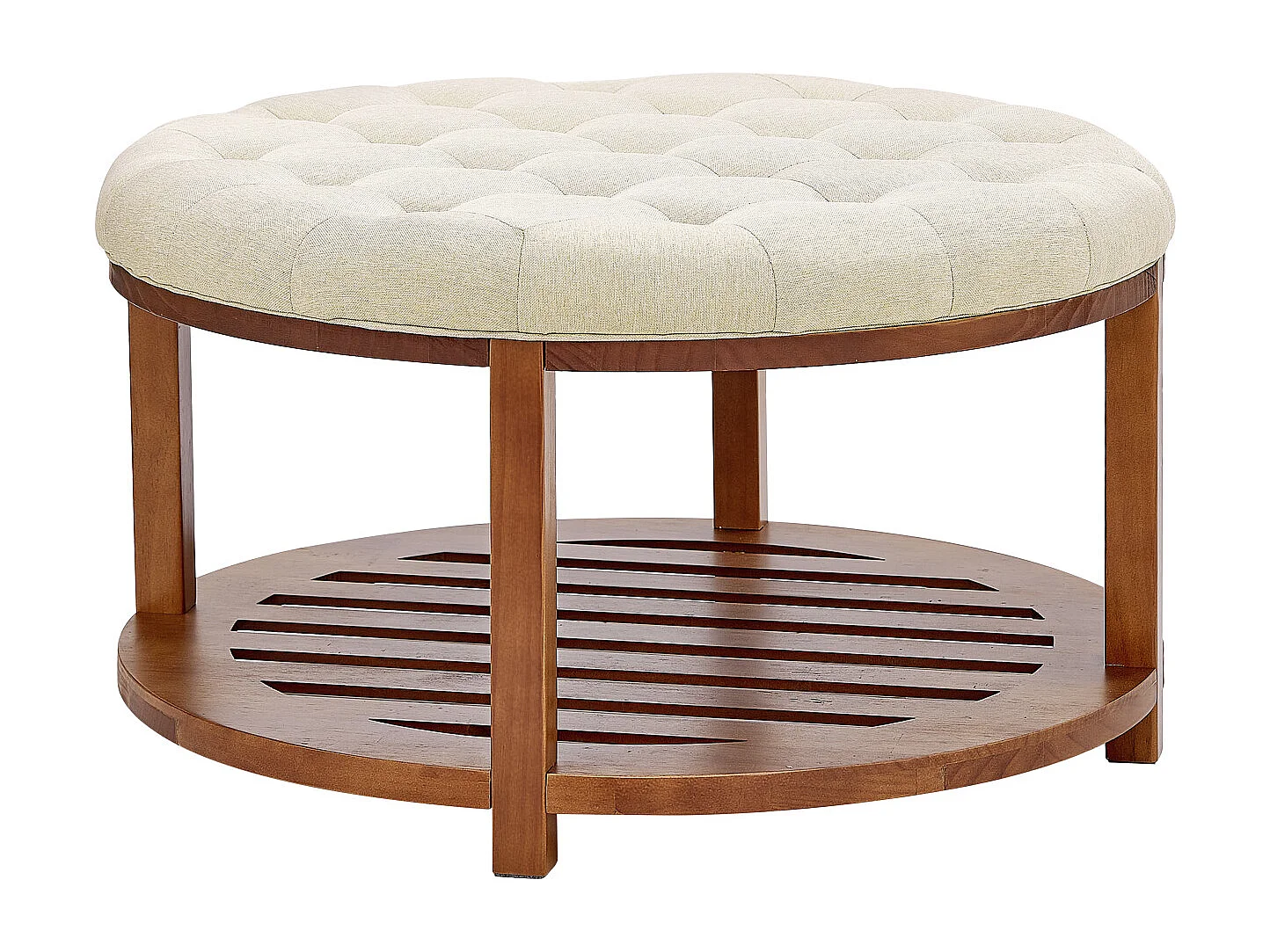 Grande Table Basse Ronde Capitonnée SucceBuy en Lin, 81 cm, Repose-pieds Rembourré avec Étagère de Rangement en Bois Massif, Capacité de Poids 158,76 kg