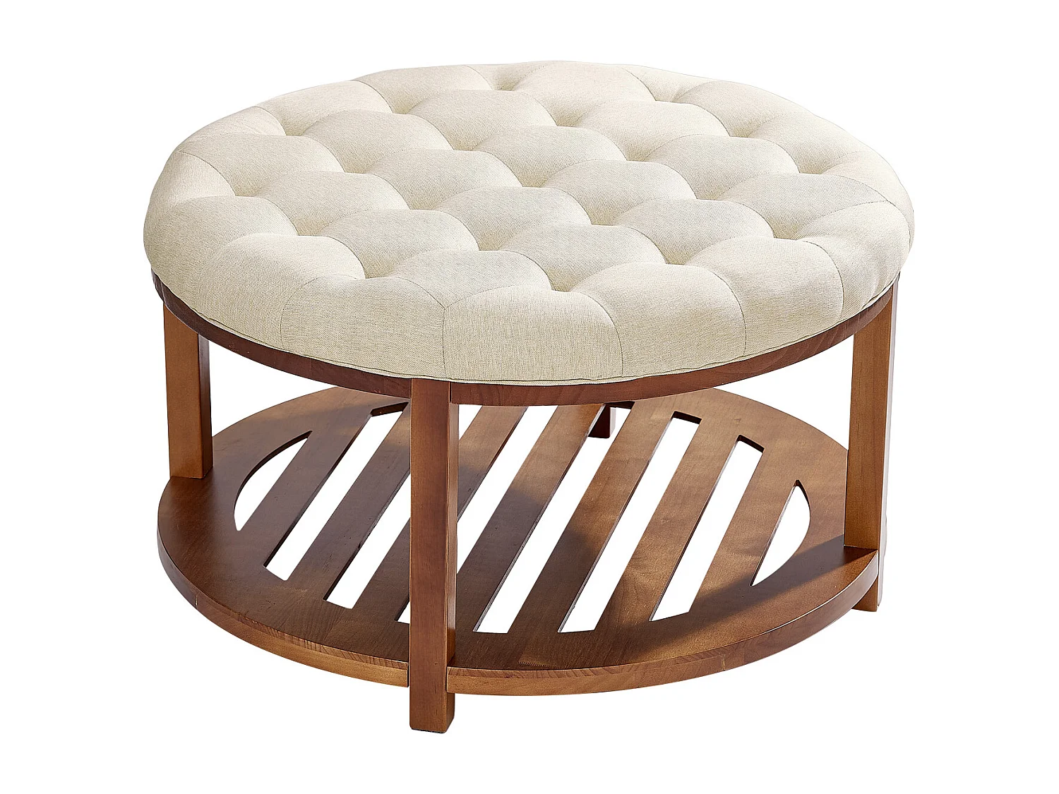 Grande Table Basse Ronde Capitonnée SucceBuy en Lin, 81 cm, Repose-pieds Rembourré avec Étagère de Rangement en Bois Massif, Capacité de Poids 158,76 kg