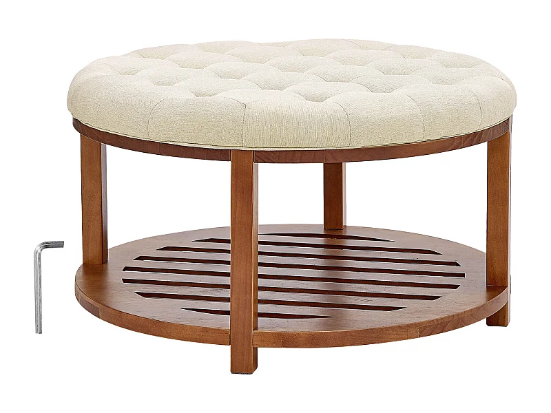 Grande Table Basse Ronde Capitonnée SucceBuy en Lin, 81 cm, Repose-pieds Rembourré avec Étagère de Rangement en Bois Massif, Capacité de Poids 158,76 kg