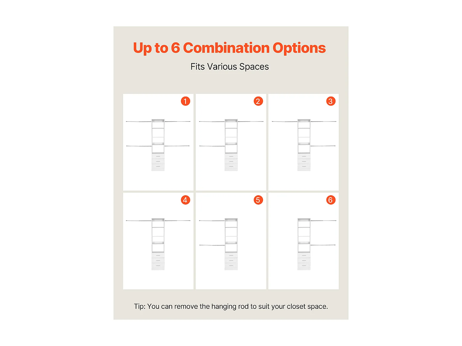 System Szafy SucceBuy z 3 Szufladami, Drewniany System Organizacji Szafy z Regulowaną Wysokością, Wieszak na Ubrania do Przechowywania w Sypialni, Biały