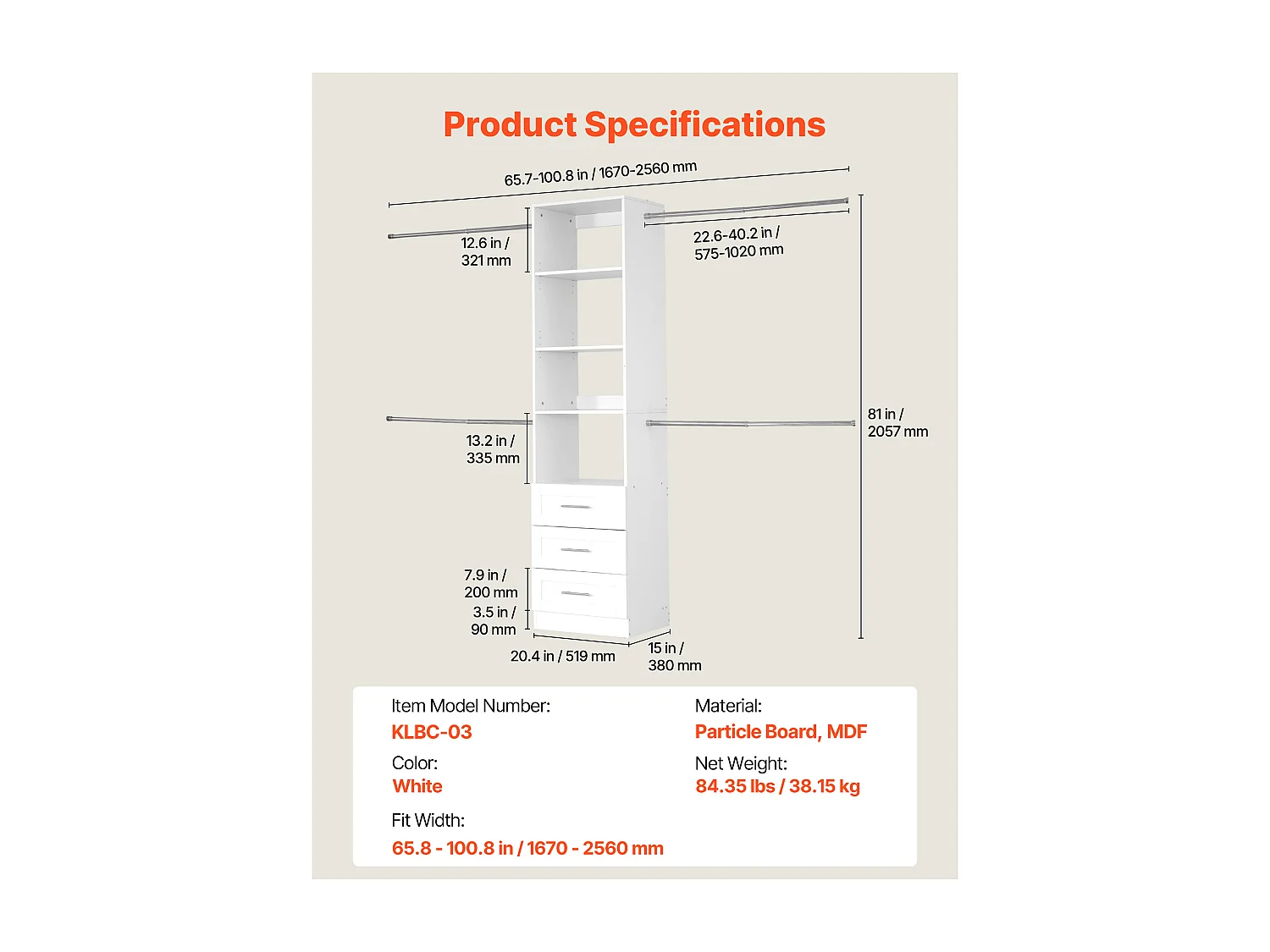 System Szafy SucceBuy z 3 Szufladami, Drewniany System Organizacji Szafy z Regulowaną Wysokością, Wieszak na Ubrania do Przechowywania w Sypialni, Biały
