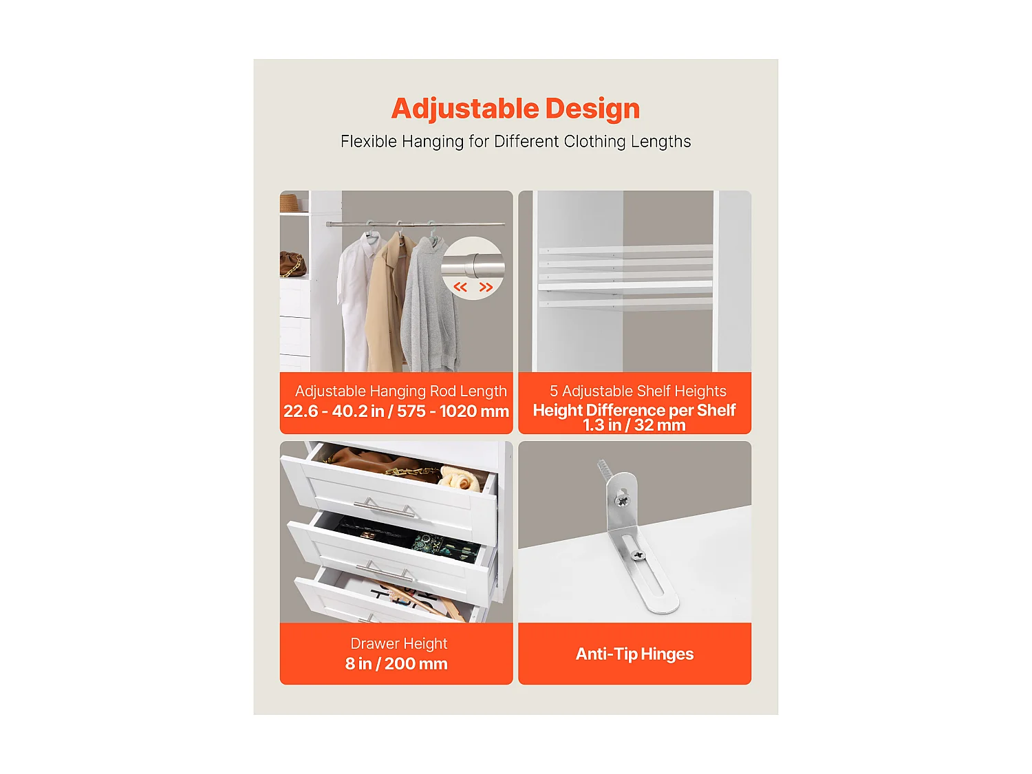 System Szafy SucceBuy z 3 Szufladami, Drewniany System Organizacji Szafy z Regulowaną Wysokością, Wieszak na Ubrania do Przechowywania w Sypialni, Biały