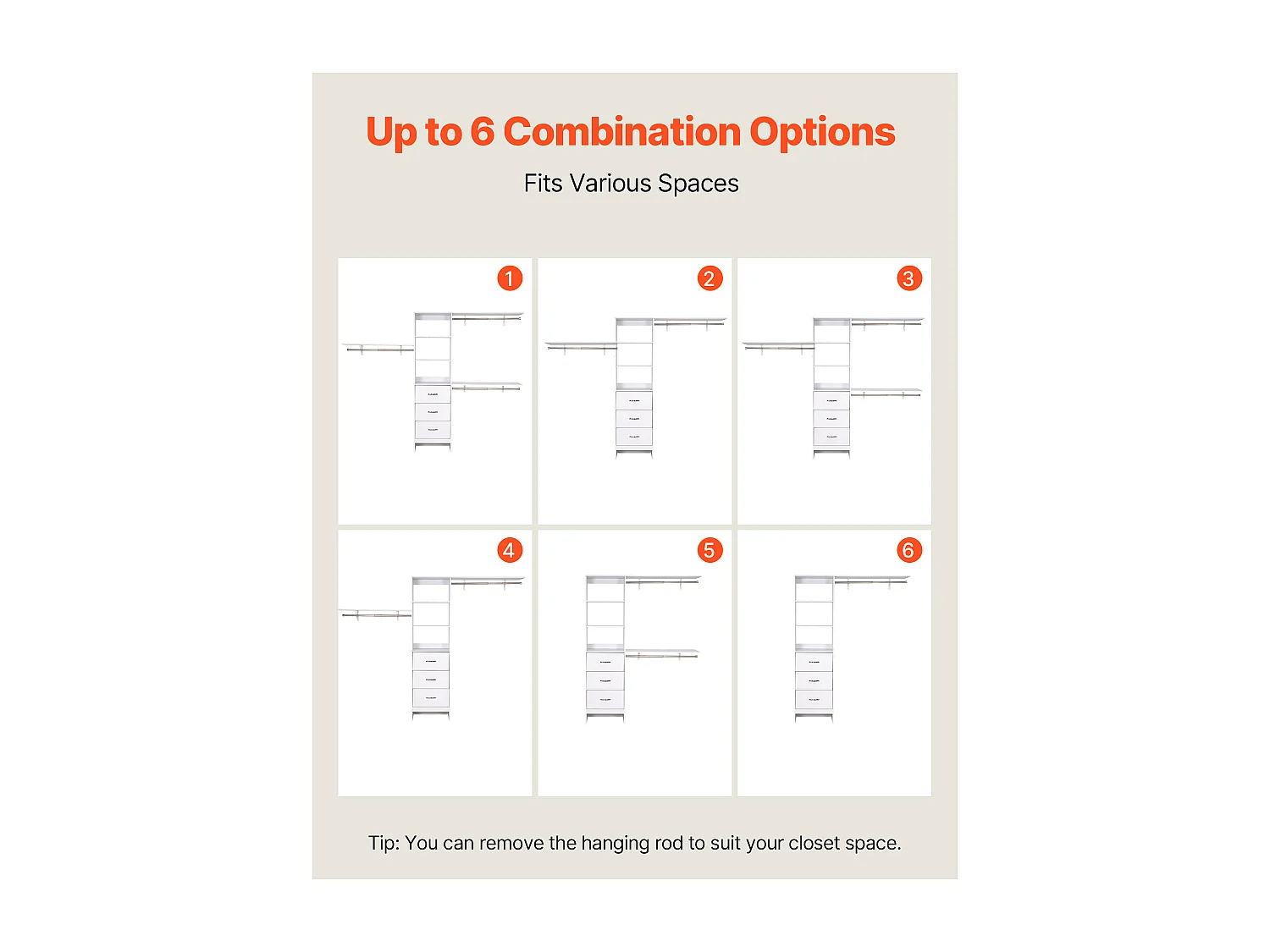System Szafy SucceBuy z 3 Szufladami, Drewniany System Organizacji Szafy z Regulowaną Wysokością, Wieszak na Ubrania do Przechowywania w Sypialni, Biały