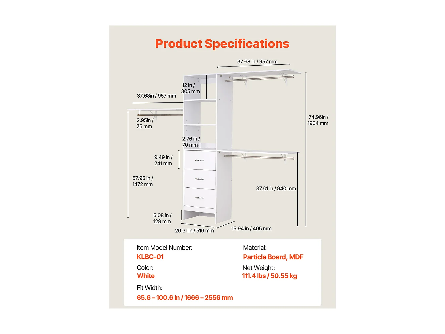 System Szafy SucceBuy z 3 Szufladami, Drewniany System Organizacji Szafy z Regulowaną Wysokością, Wieszak na Ubrania do Przechowywania w Sypialni, Biały