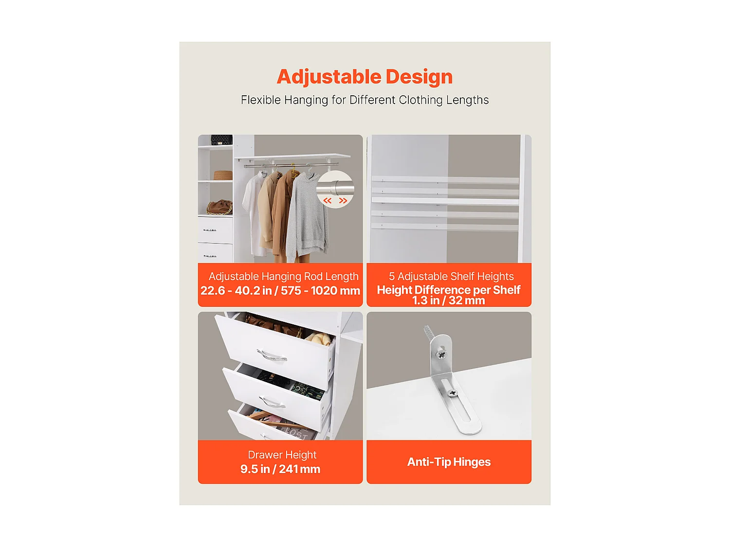 System Szafy SucceBuy z 3 Szufladami, Drewniany System Organizacji Szafy z Regulowaną Wysokością, Wieszak na Ubrania do Przechowywania w Sypialni, Biały