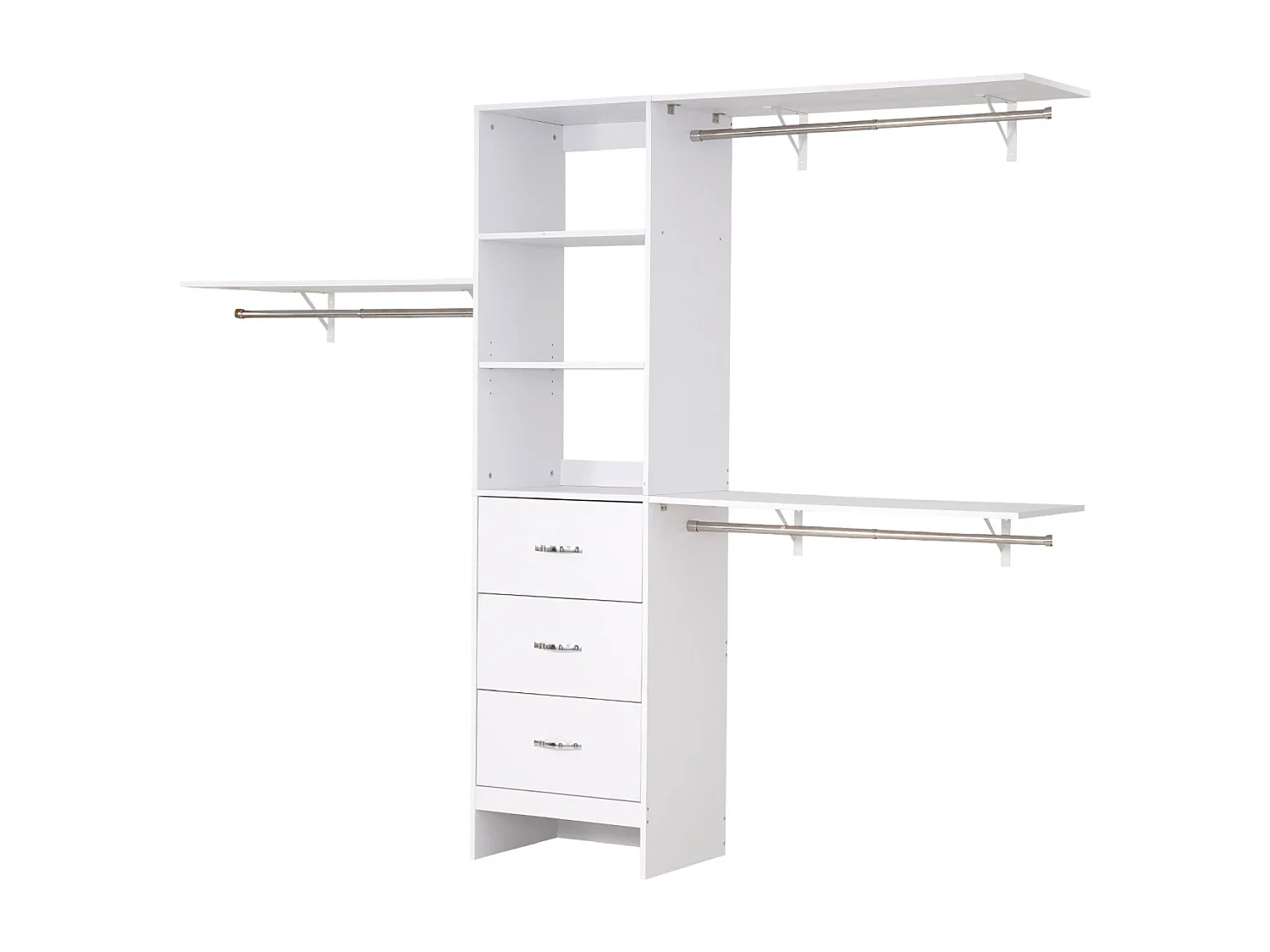 System Szafy SucceBuy z 3 Szufladami, Drewniany System Organizacji Szafy z Regulowaną Wysokością, Wieszak na Ubrania do Przechowywania w Sypialni, Biały