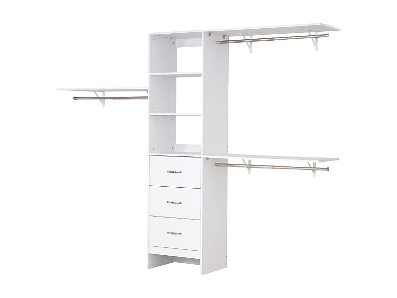 System Szafy SucceBuy z 3 Szufladami, Drewniany System Organizacji Szafy z Regulowaną Wysokością, Wieszak na Ubrania do Przechowywania w Sypialni, Biały