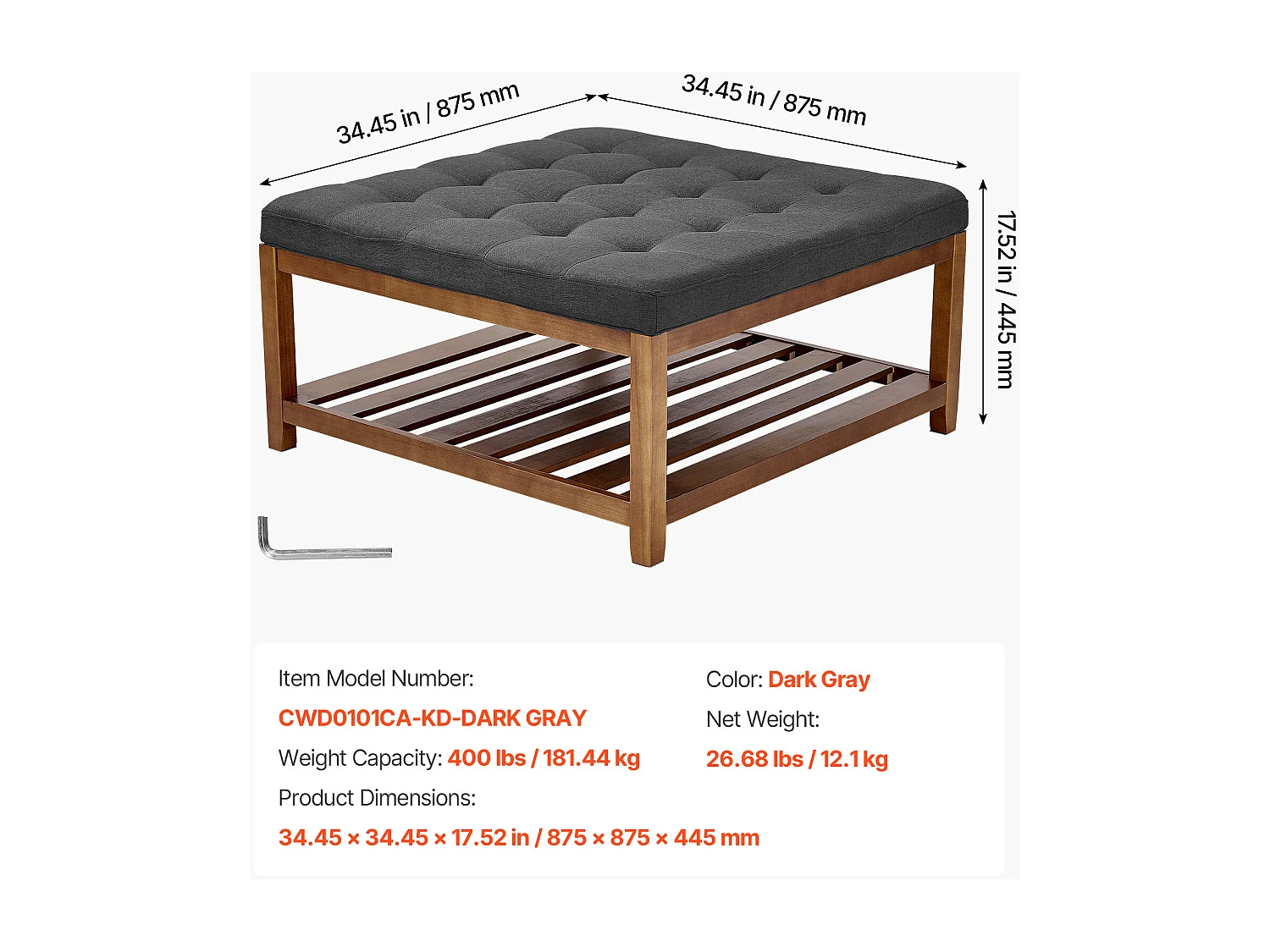 Grande Tavolino Basso Quadrato Imbottito SucceBuy in Lino, 87.5 cm, Poggiapiedi Imbottito con Ripiano di Archiviazione in Legno Massello