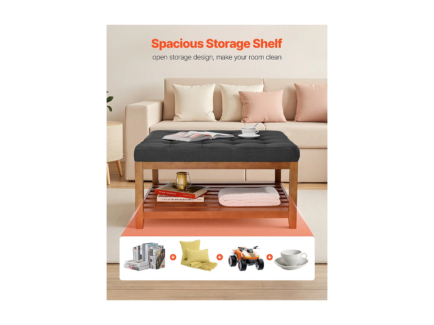 Grande Tavolino Basso Quadrato Imbottito SucceBuy in Lino, 87.5 cm, Poggiapiedi Imbottito con Ripiano di Archiviazione in Legno Massello