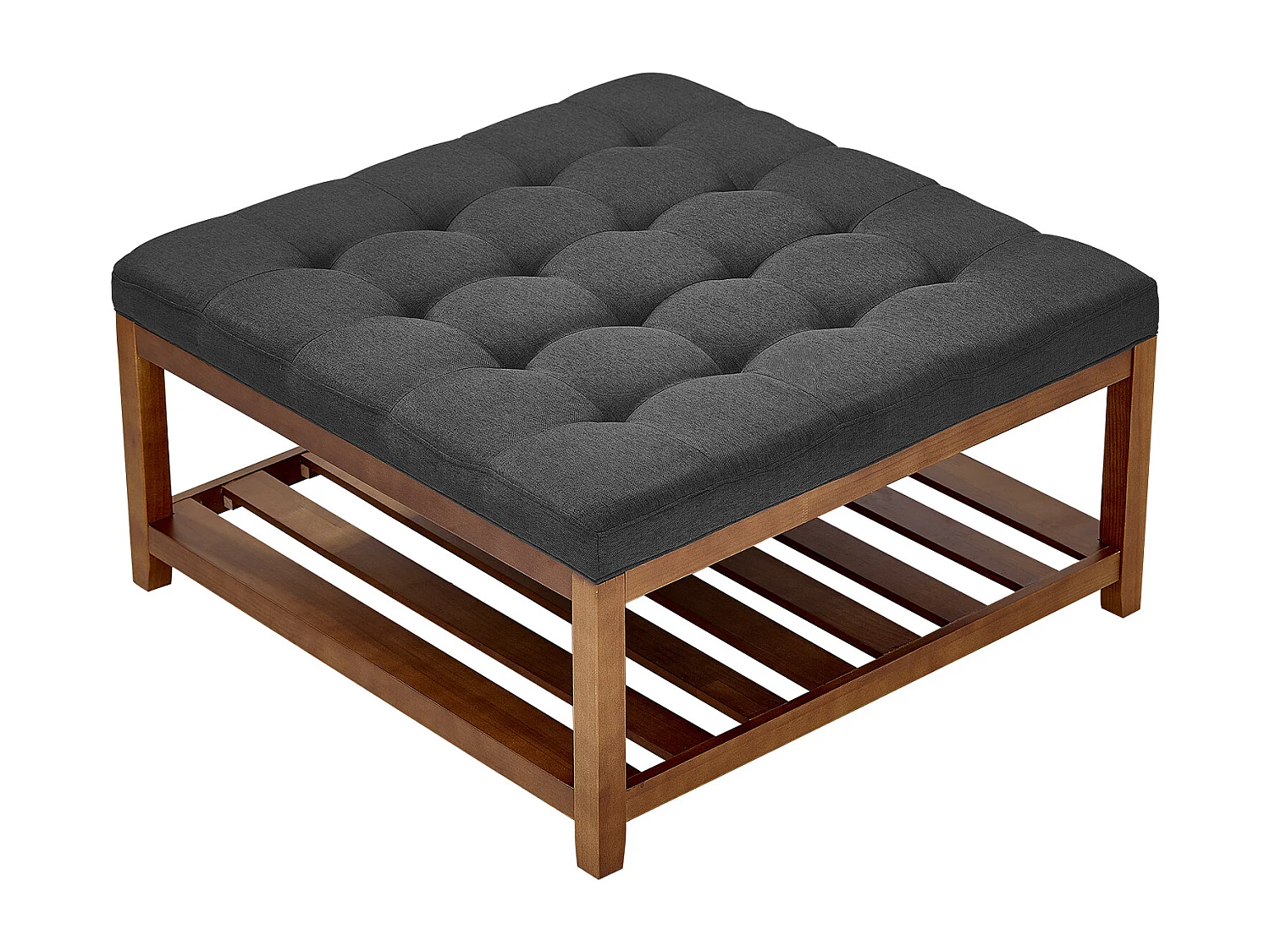 Grande Tavolino Basso Quadrato Imbottito SucceBuy in Lino, 87.5 cm, Poggiapiedi Imbottito con Ripiano di Archiviazione in Legno Massello