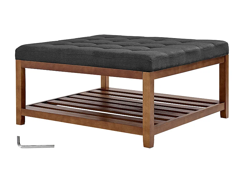 Grande Tavolino Basso Quadrato Imbottito SucceBuy in Lino, 87.5 cm, Poggiapiedi Imbottito con Ripiano di Archiviazione in Legno Massello