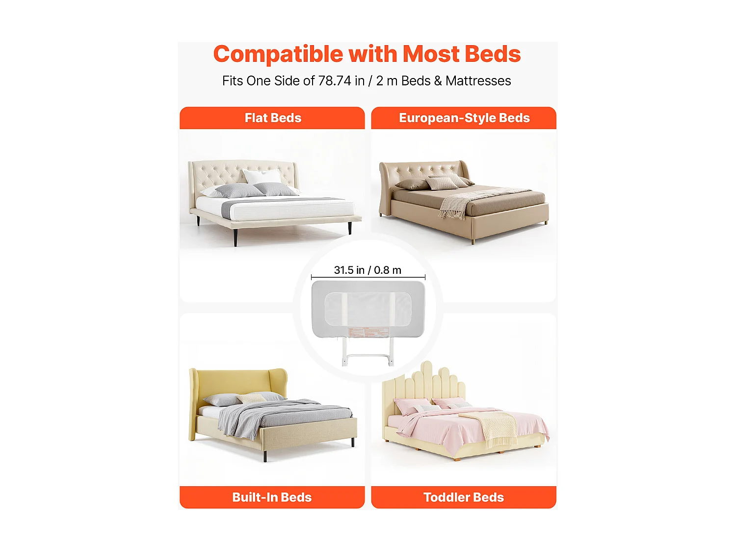 Grade de Segurança SucceBuy para Cama de Criança, Comprimento 80 cm, Grade de Cama para Bebés, com Tubo de Ferro Reforçado, Altura Ajustável 45-67 cm