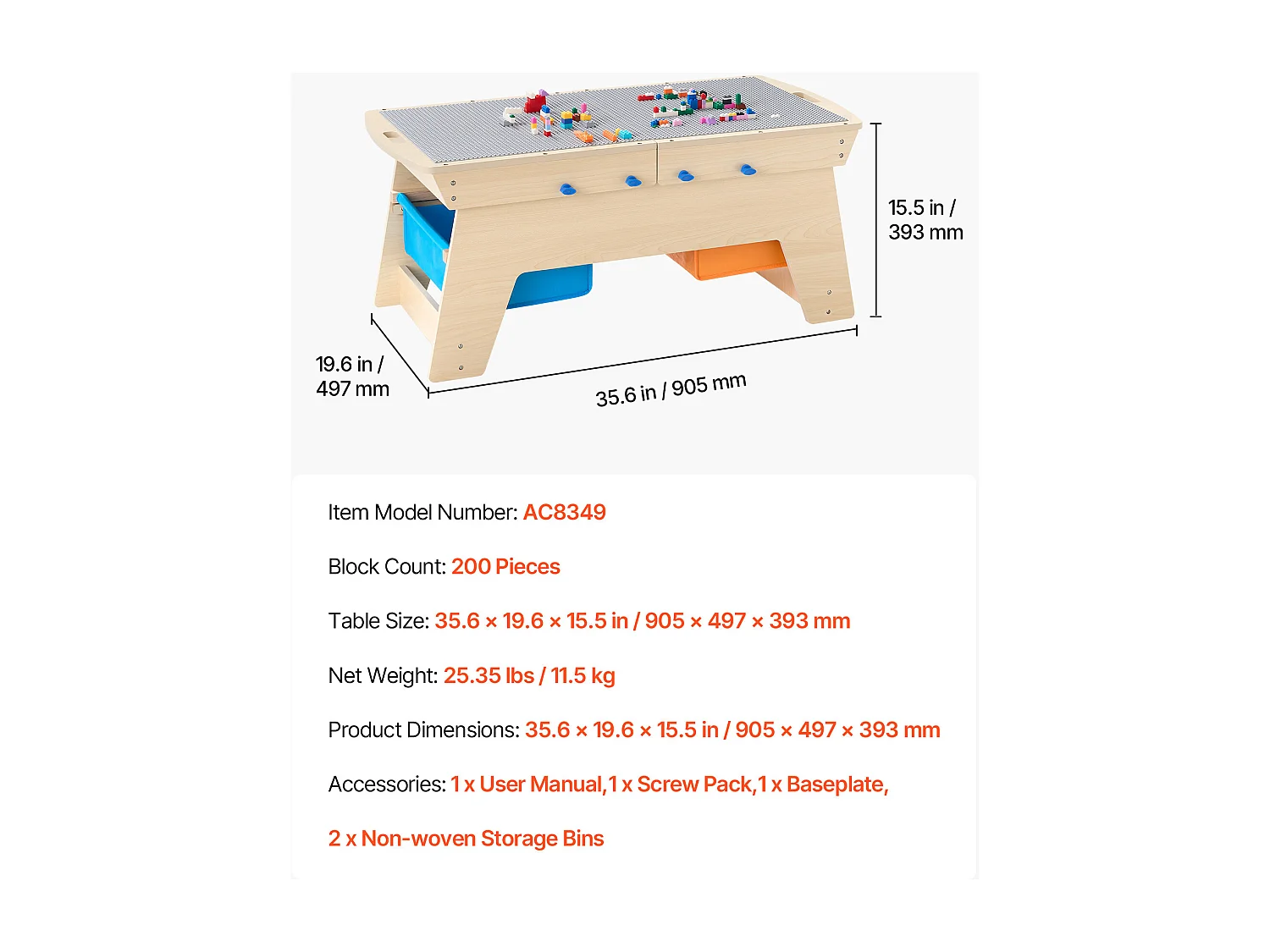 Table d'Activités SucceBuy pour Enfants avec 200 Blocs de Construction, Table de Jeu Multifonction en Bois, avec 3 Bacs de Rangement de Grand Espace