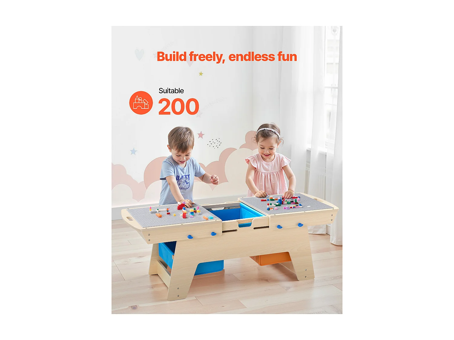 Table d'Activités SucceBuy pour Enfants avec 200 Blocs de Construction, Table de Jeu Multifonction en Bois, avec 3 Bacs de Rangement de Grand Espace