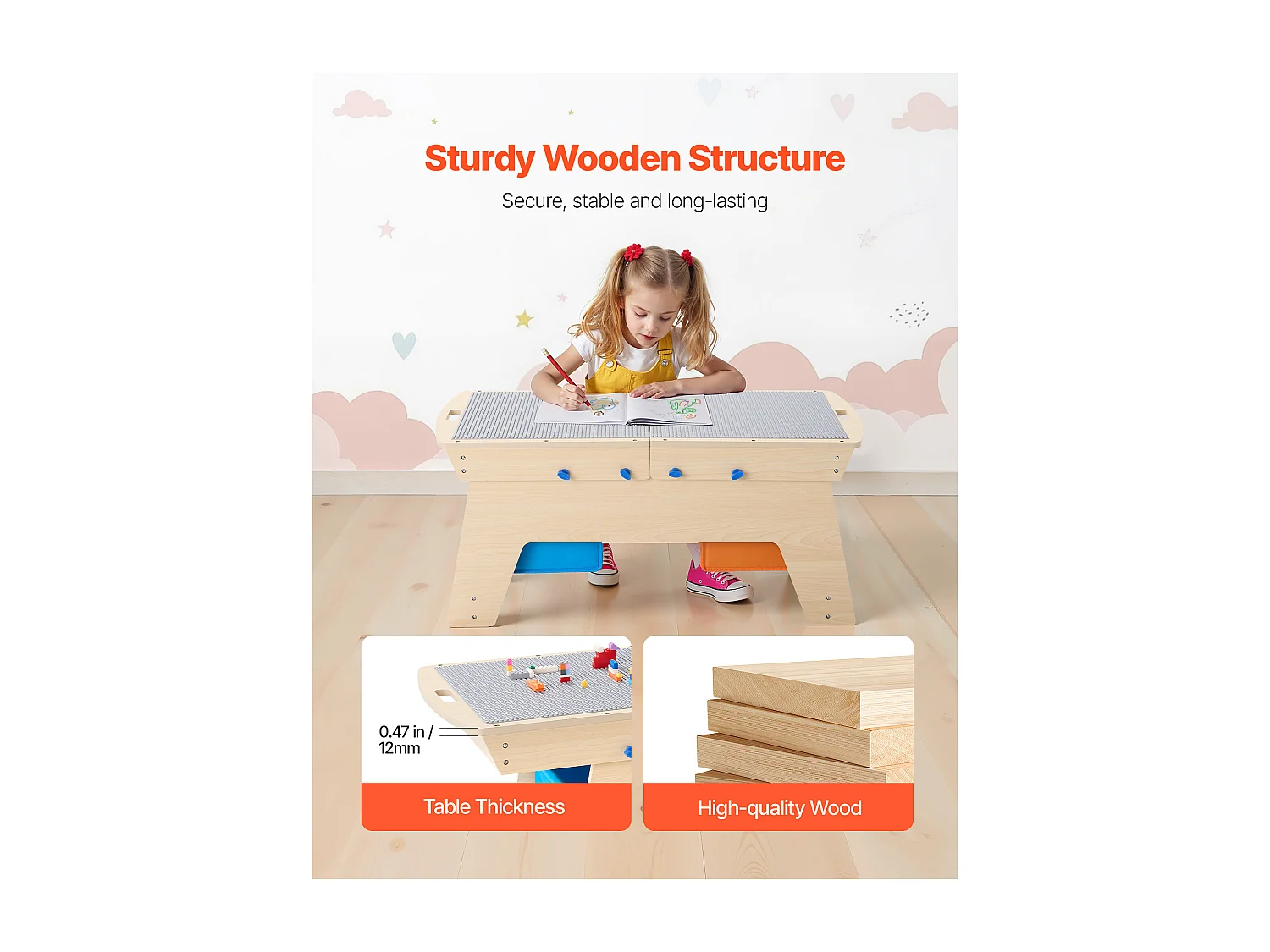 Table d'Activités SucceBuy pour Enfants avec 200 Blocs de Construction, Table de Jeu Multifonction en Bois, avec 3 Bacs de Rangement de Grand Espace