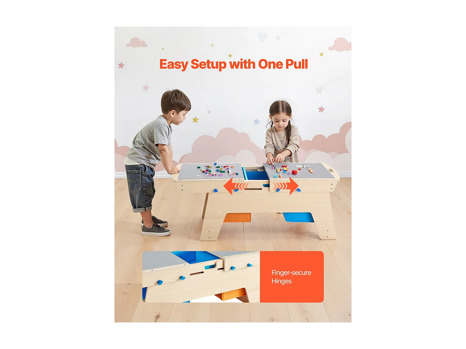 Table d'Activités SucceBuy pour Enfants avec 200 Blocs de Construction, Table de Jeu Multifonction en Bois, avec 3 Bacs de Rangement de Grand Espace