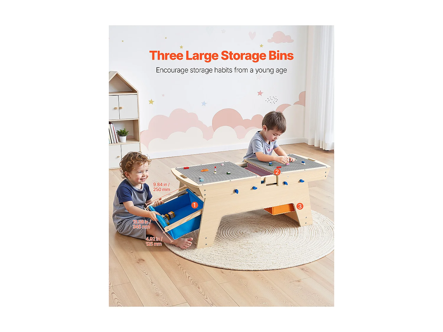 Table d'Activités SucceBuy pour Enfants avec 200 Blocs de Construction, Table de Jeu Multifonction en Bois, avec 3 Bacs de Rangement de Grand Espace